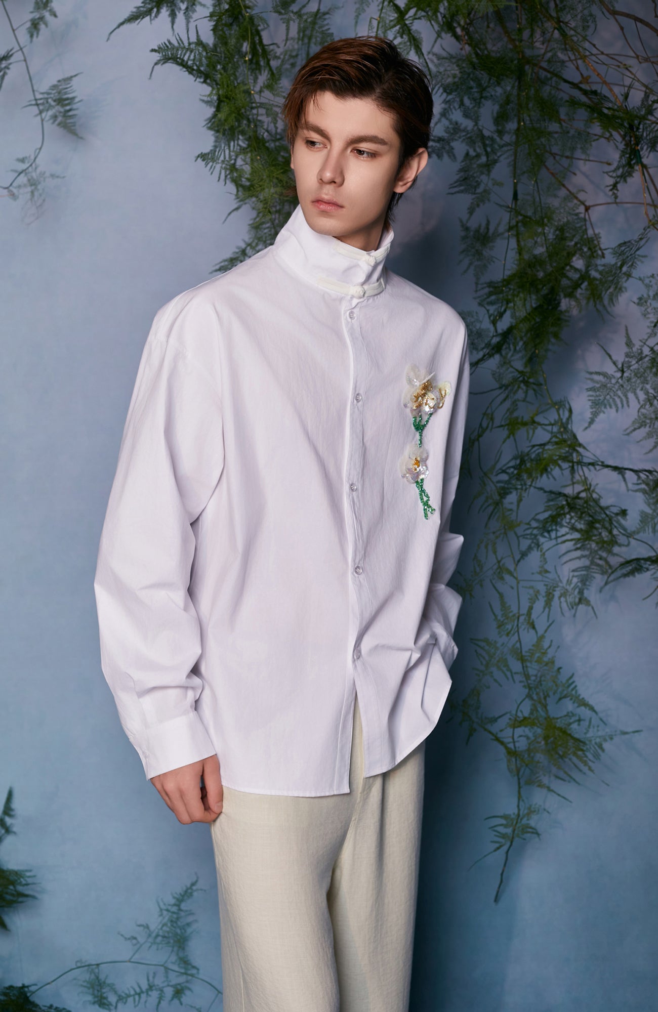 JIECHI Mandarin Collar Floral Embroidered Shirt, premium urban and streetwear designers apparel on PROJECTISR.com, JIECHI