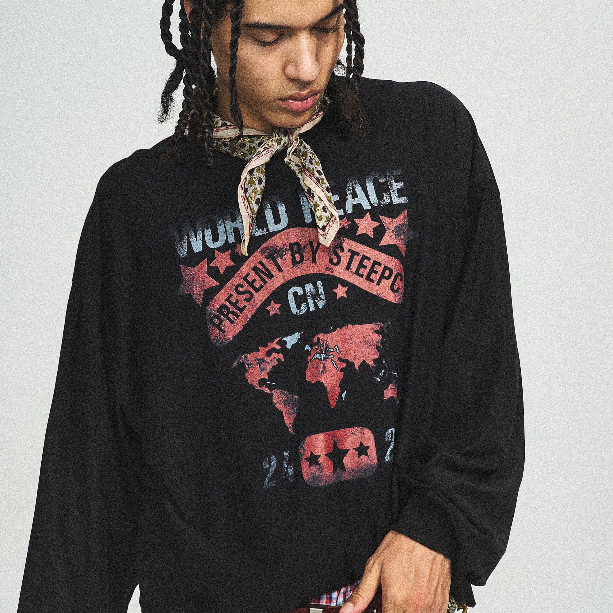 STEEPC Retro World Peace Frayed Long-Sleeve Tee, premium urban and streetwear designers apparel on PROJECTISR.com, STEEPC
