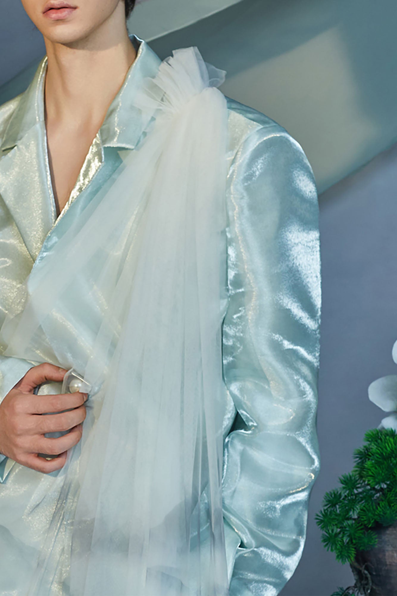 JIECHI Gradient Tulle Drape Satin Blazer, premium urban and streetwear designers apparel on PROJECTISR.com, JIECHI