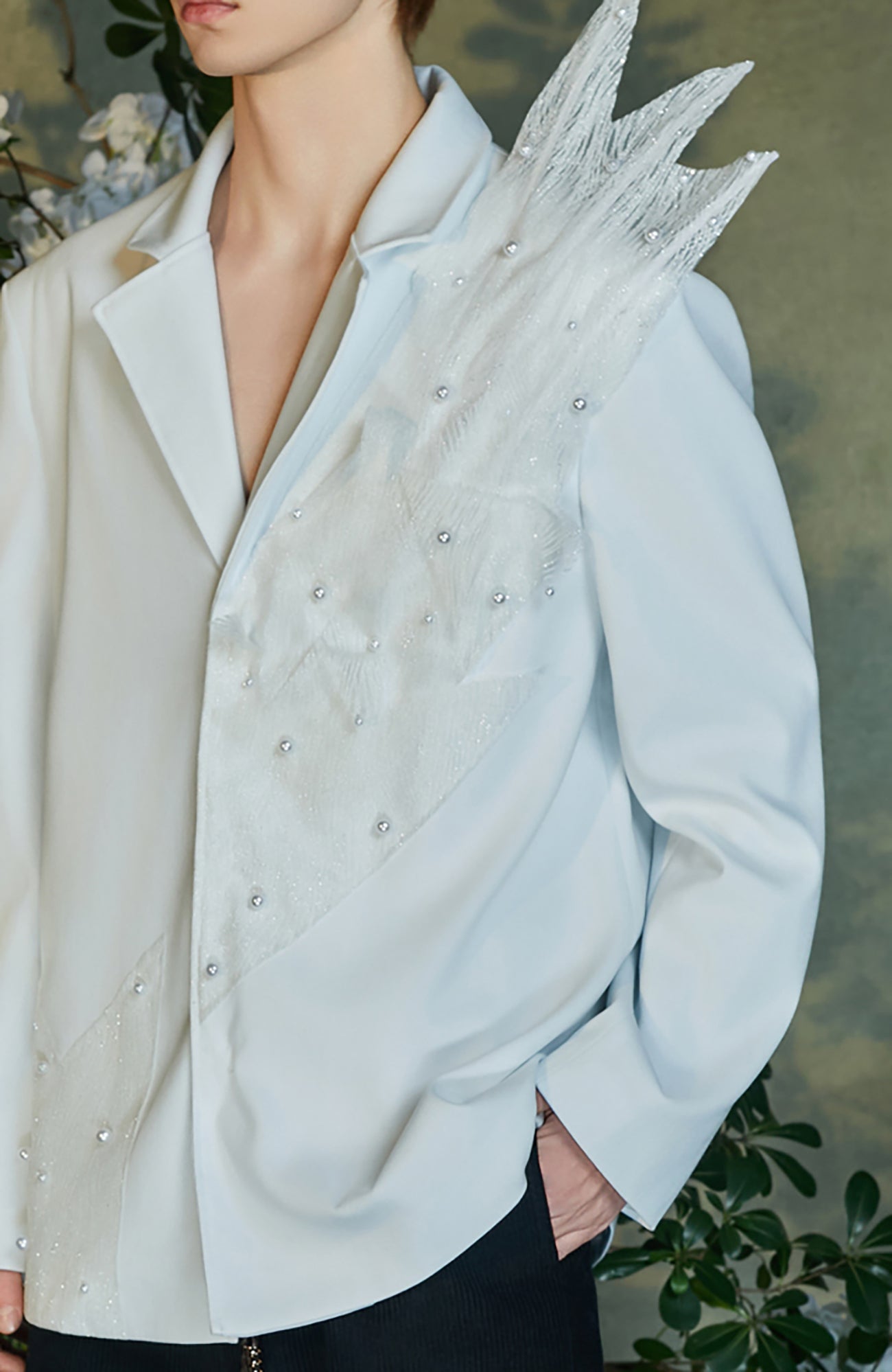 JIECHI Pearl-Embellished Sheer Feather Blazer