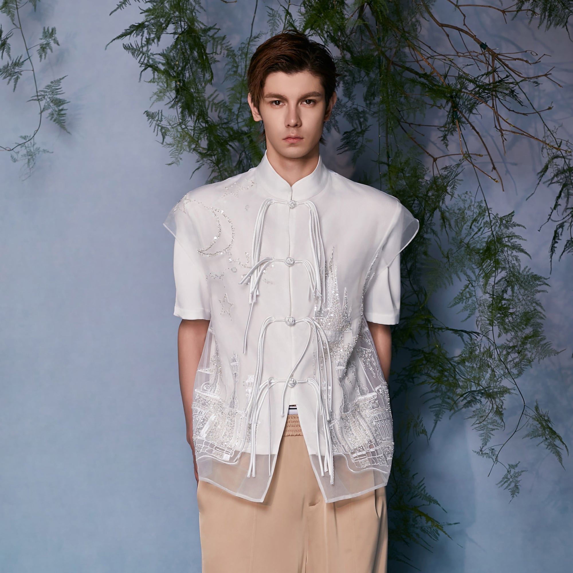 JIECHI Mandarin Embroidered Mesh Panel Half Shirt, premium urban and streetwear designers apparel on PROJECTISR.com, JIECHI
