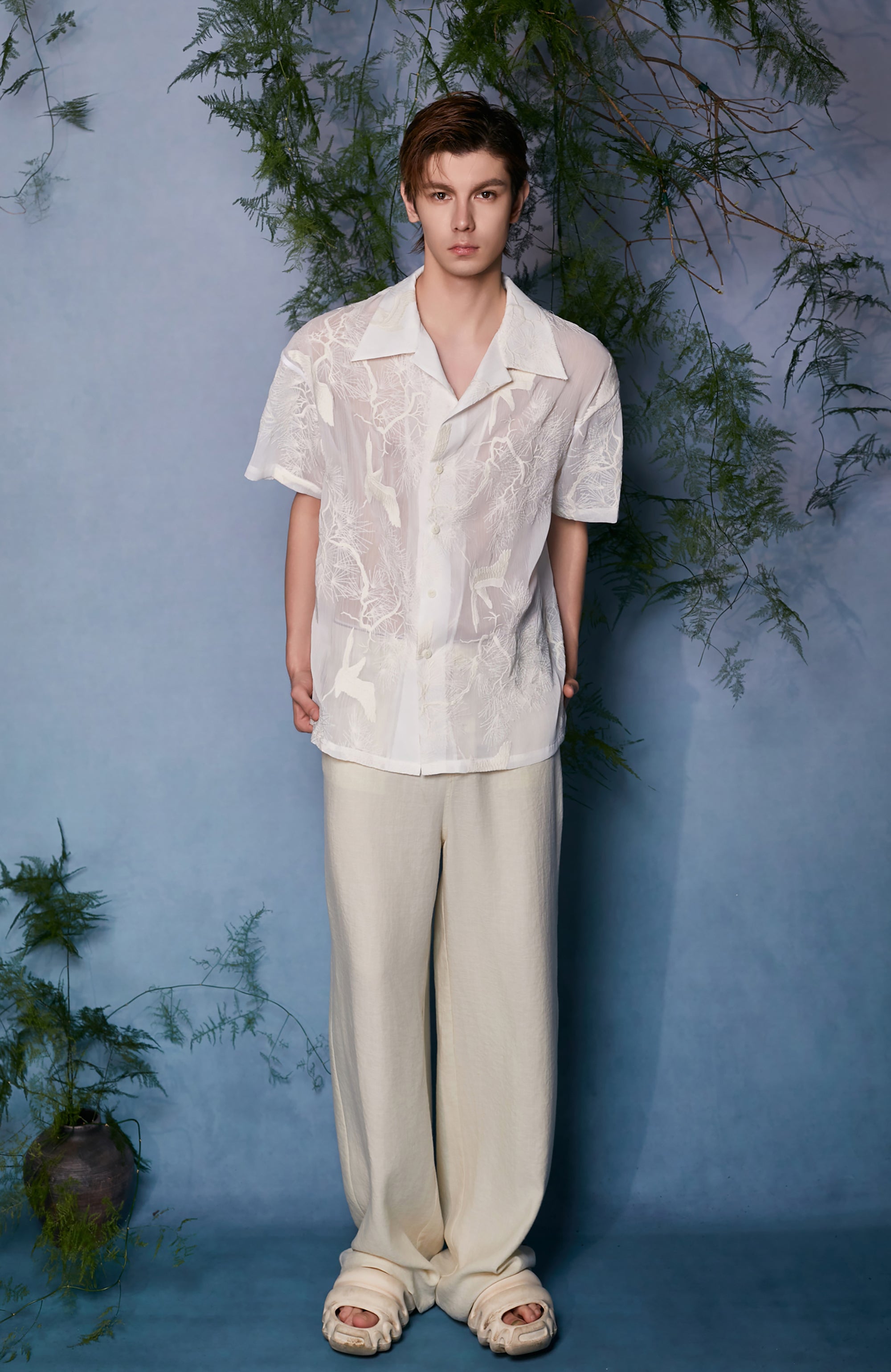 JIECHI Sheer Crane Embroidered Half Shirt, premium urban and streetwear designers apparel on PROJECTISR.com, JIECHI