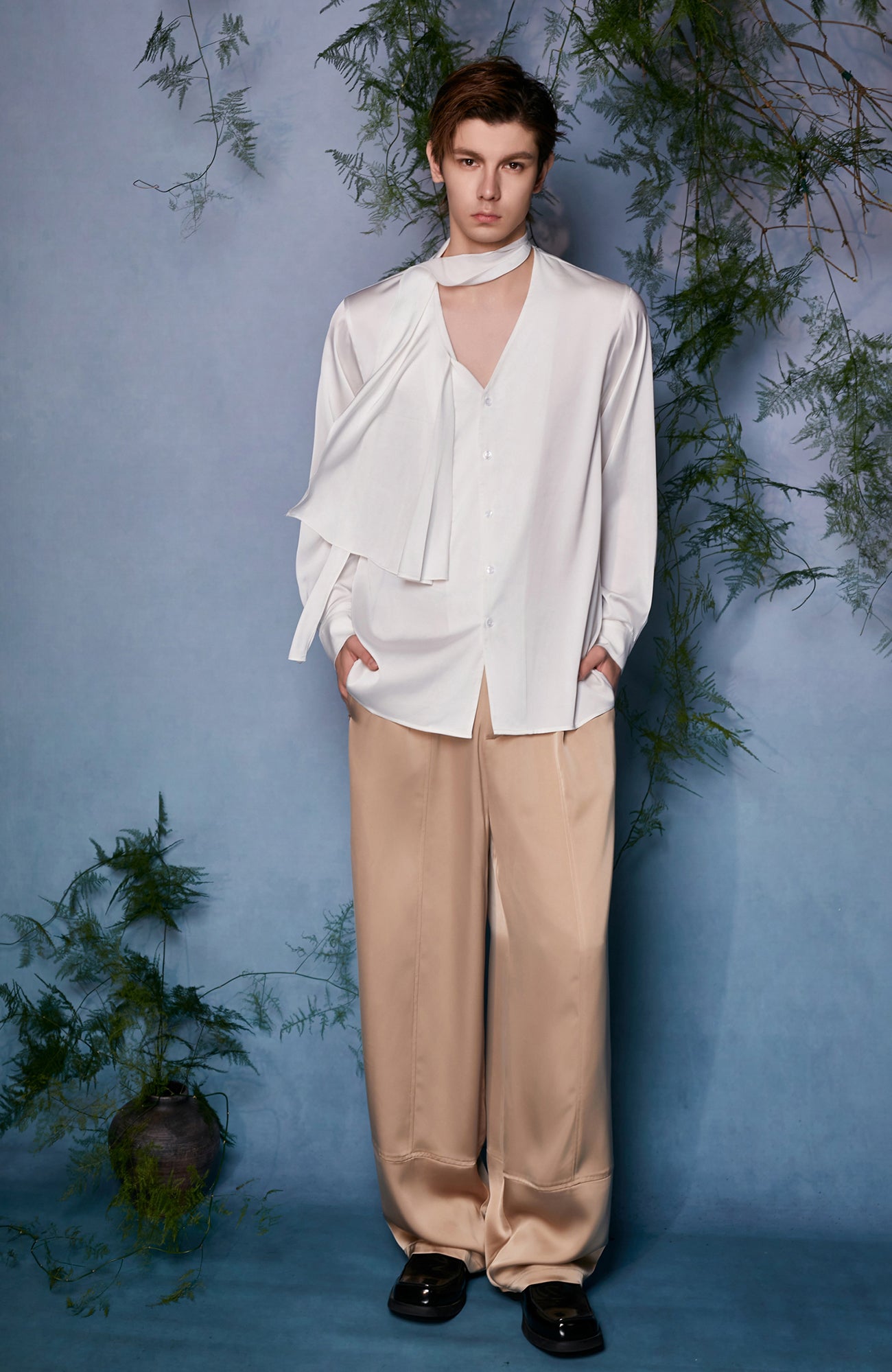 JIECHI Draped Satin Scarf-Collar Shirt, premium urban and streetwear designers apparel on PROJECTISR.com, JIECHI