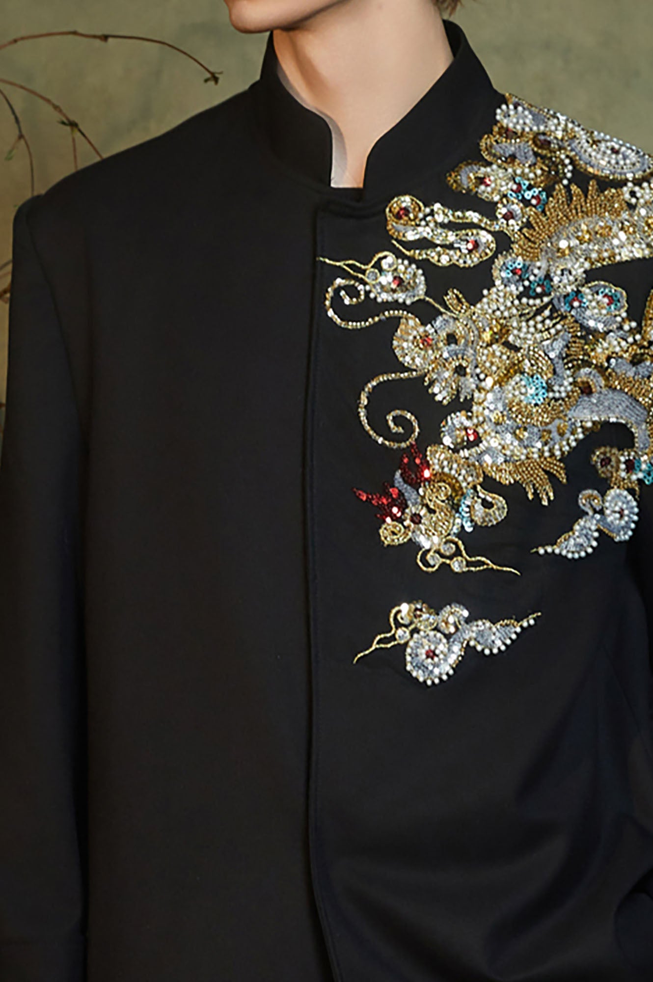 JIECHI Dragon Beaded Mandarin Collar Blazer, premium urban and streetwear designers apparel on PROJECTISR.com, JIECHI