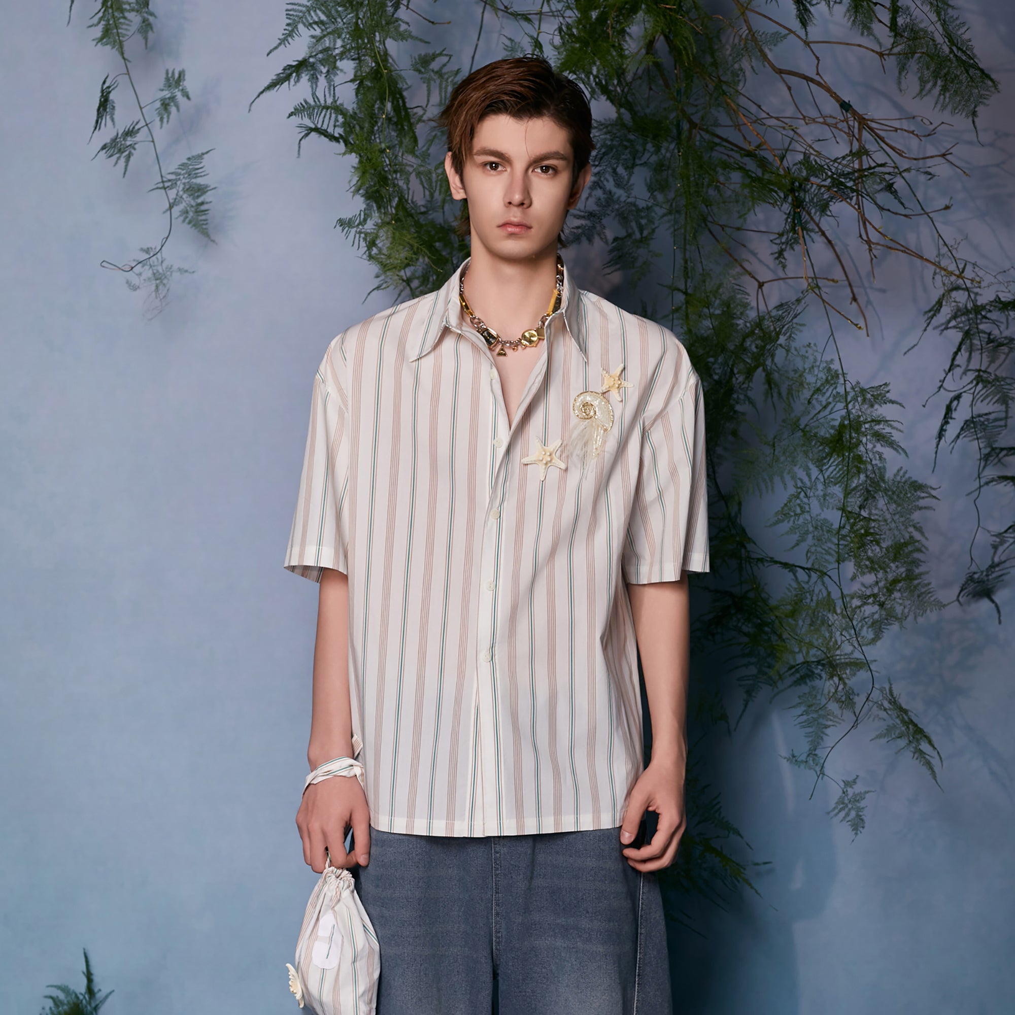 JIECHI Striped Embroidered Half Shirt, premium urban and streetwear designers apparel on PROJECTISR.com, JIECHI
