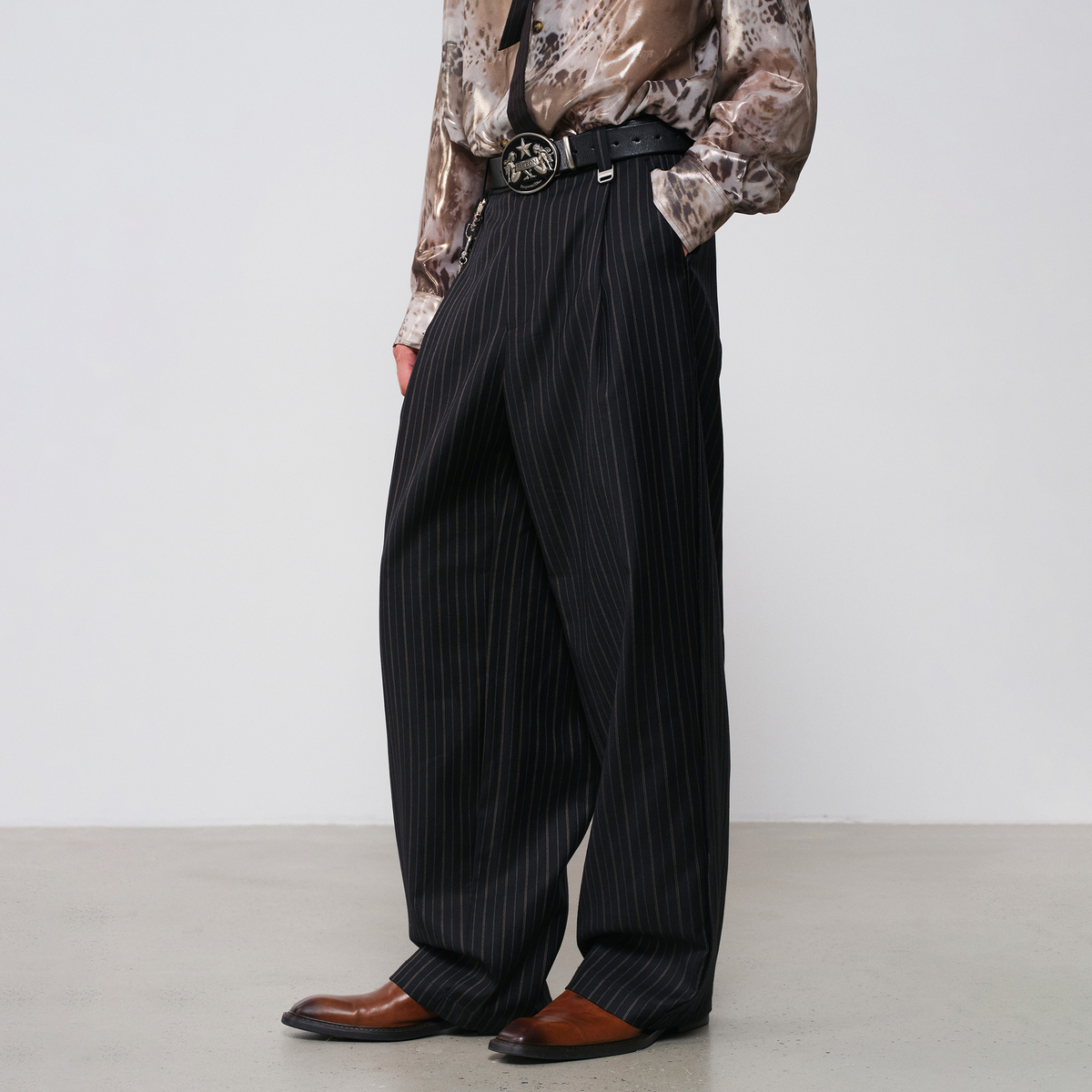 FACEONLAB Striped Wool-Blend Wide-Leg Trousers