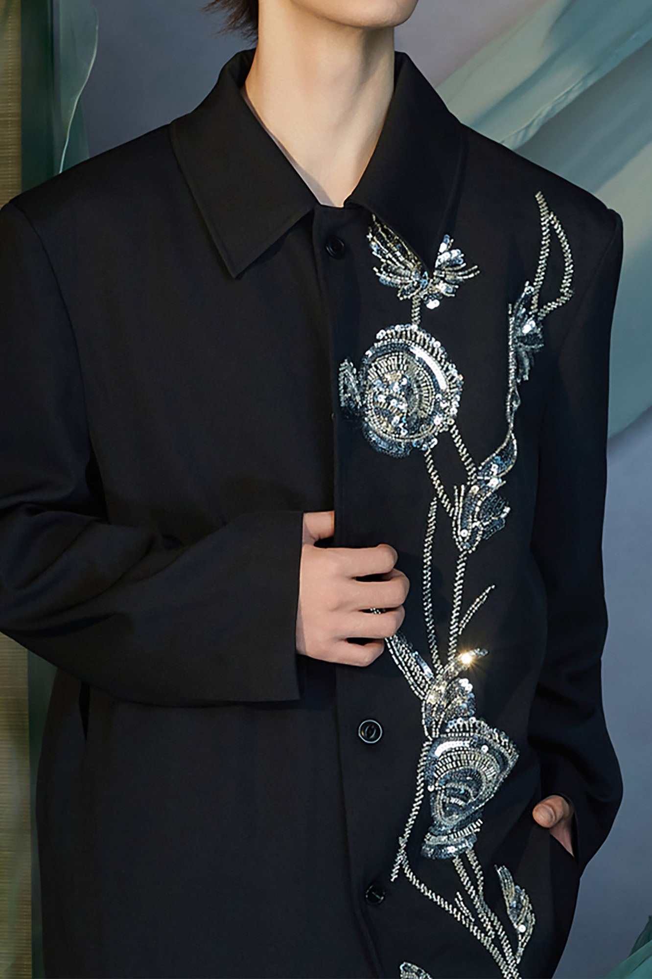 JIECHI Embellished Floral Side-Slit Jacket, premium urban and streetwear designers apparel on PROJECTISR.com, JIECHI