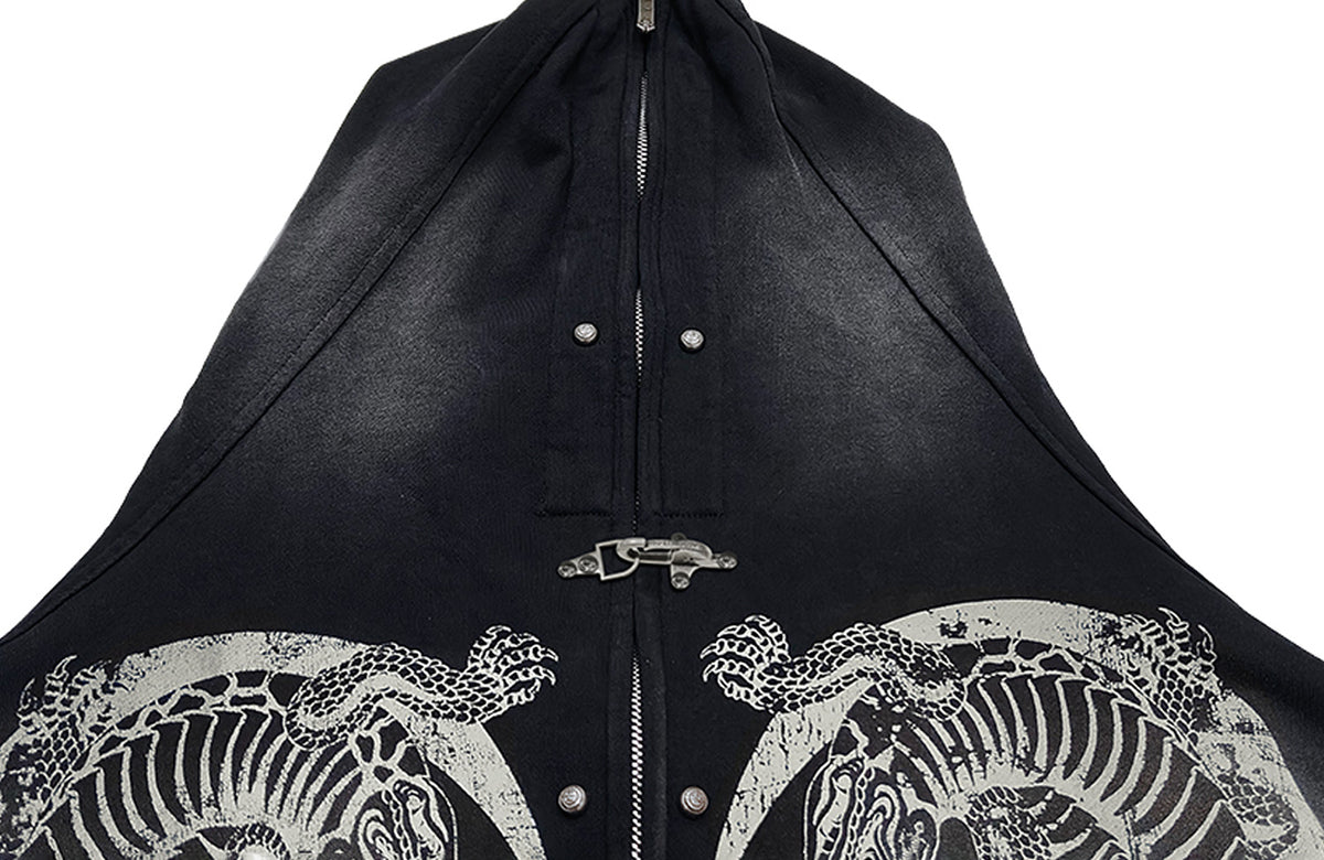 WANNA LAB Washed Distressed Rivet Zip-Up Hoodie