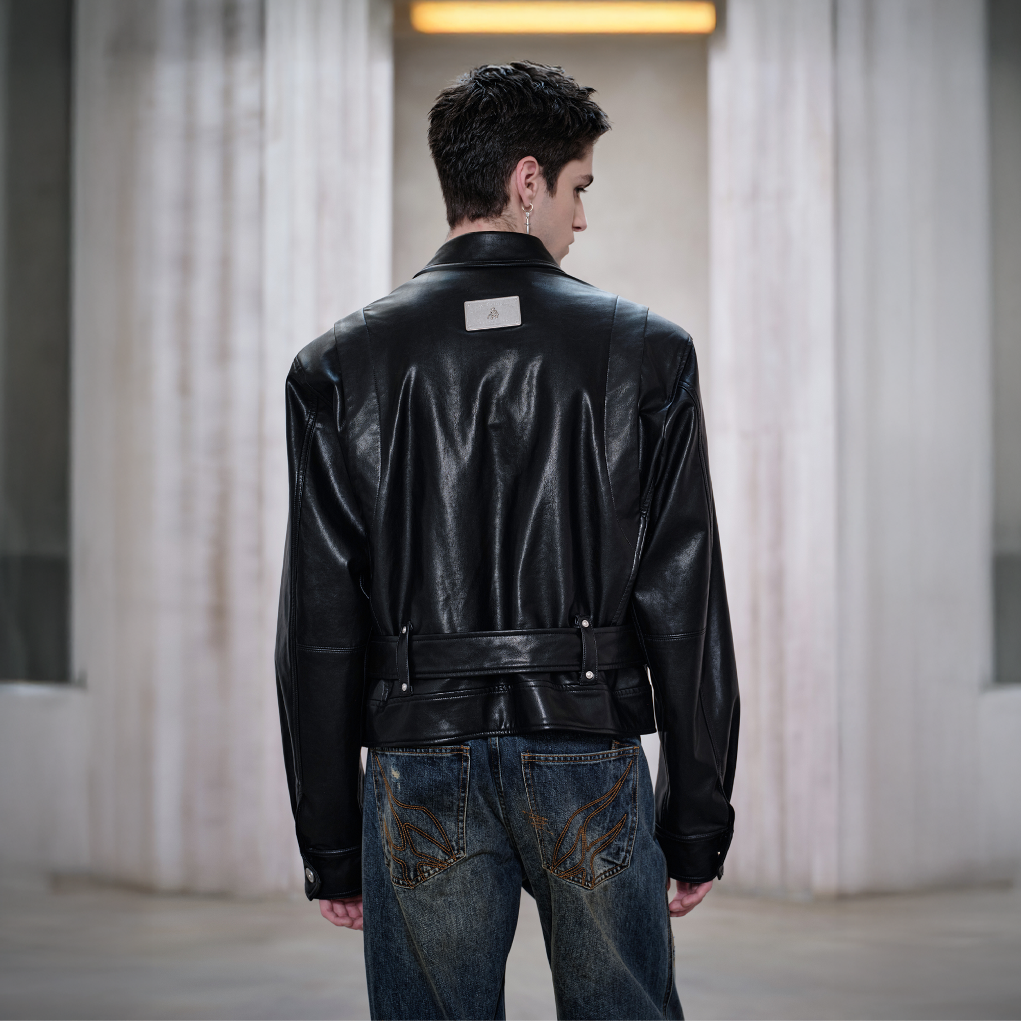 FACEONLAB Metal Epaulettes Belted Faux Leather Jacket Black