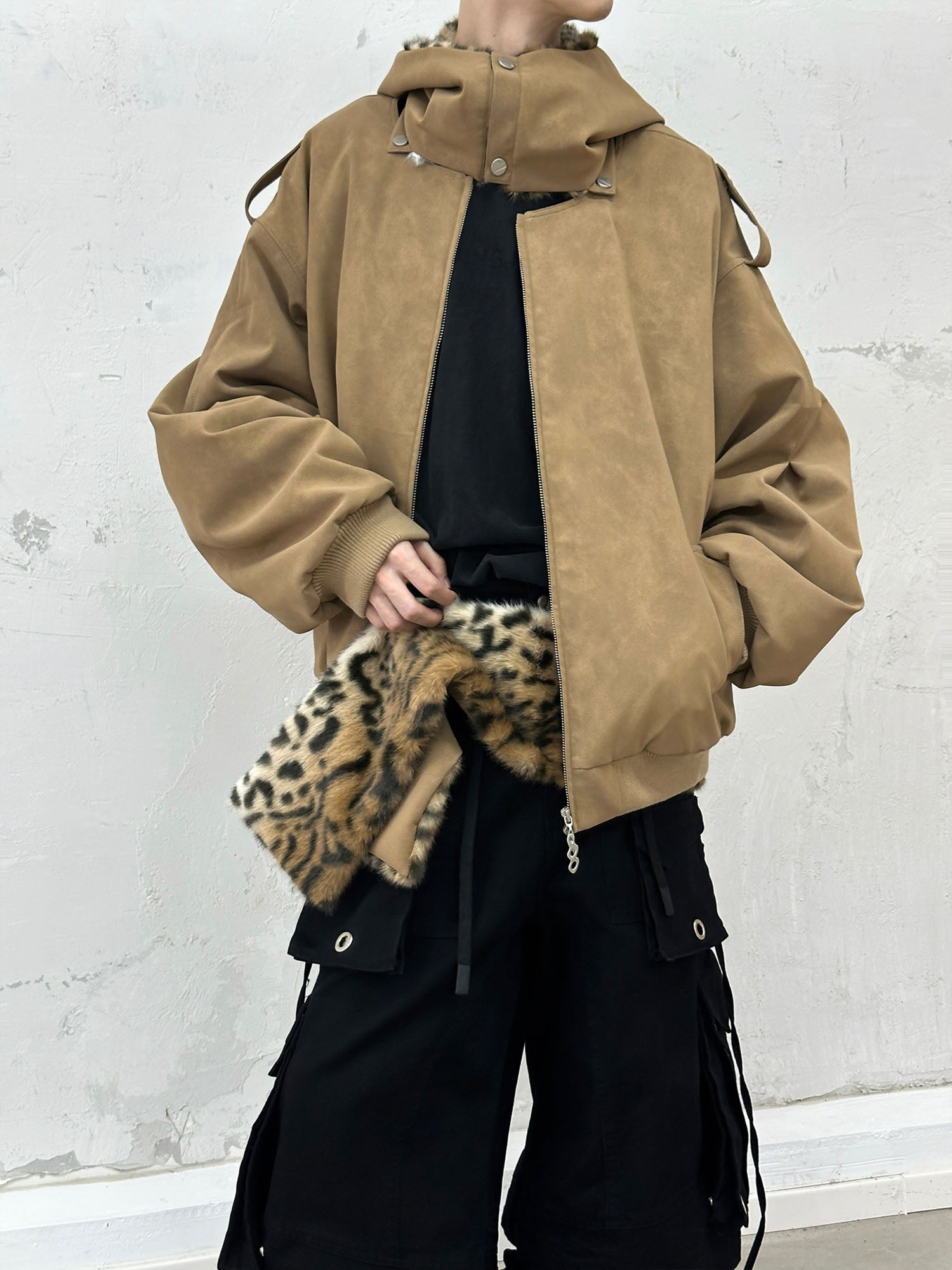 RELABEL Detachable Plush Scarf Hooded Suede Jacket Brown, premium urban and streetwear designers apparel on PROJECTISR.com, RELABEL