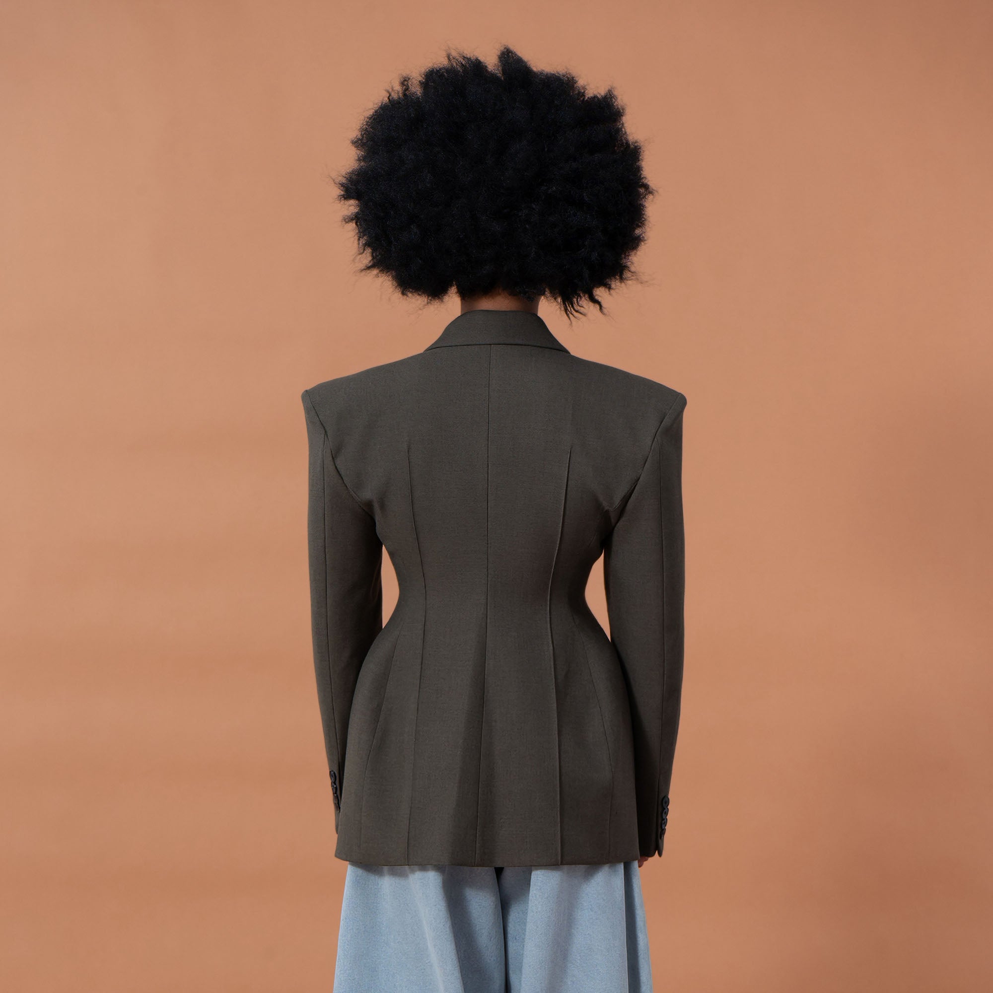 CLP Cinched-Waist Padded Shoulder Blazer Brown, premium urban and streetwear designers apparel on PROJECTISR.com, CLP