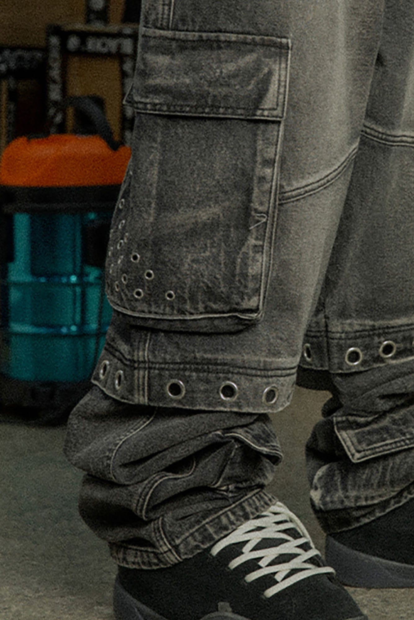 BLACK8MOB Washed Multi-Pocket Grommet Stacked Cargo Jeans, premium urban and streetwear designers apparel on PROJECTISR.com, BLACK8MOB