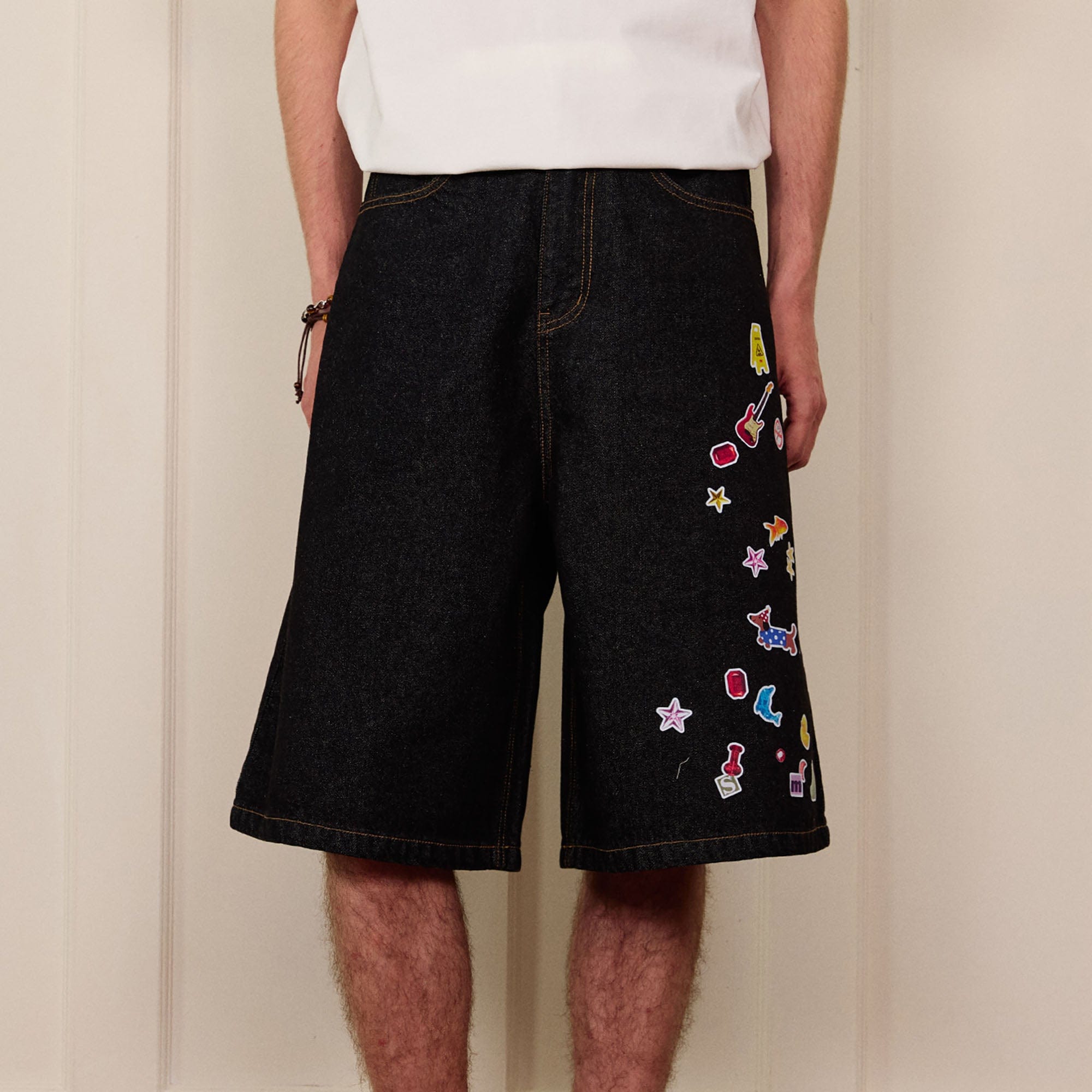 DONSMOKE Whimsical Stickers Washed Raw-Edge Shorts, premium urban and streetwear designers apparel on PROJECTISR.com, DONSMOKE