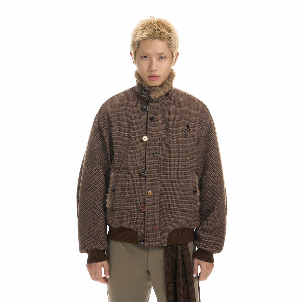TGNS Striped Faux Fur Collar Cotton-Padded Jacket