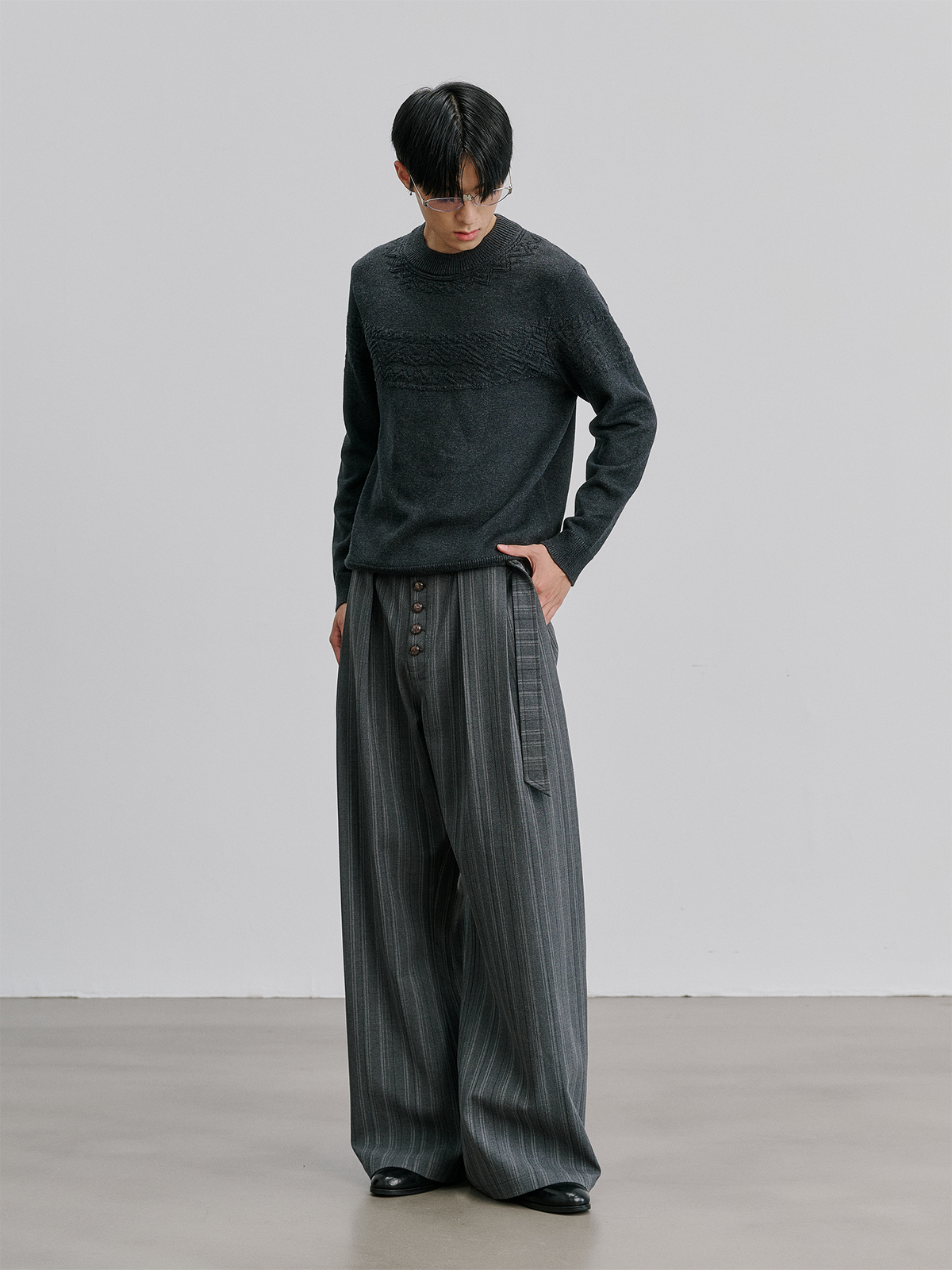 CATSSTAC Striped Belted Button Fly Wide-Leg Trousers