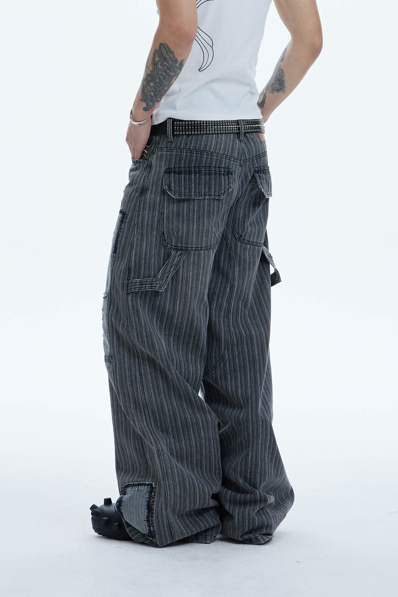DND4DES Striped Patchwork Distressed Baggy Jeans, premium urban and streetwear designers apparel on PROJECTISR.com, DND4DES