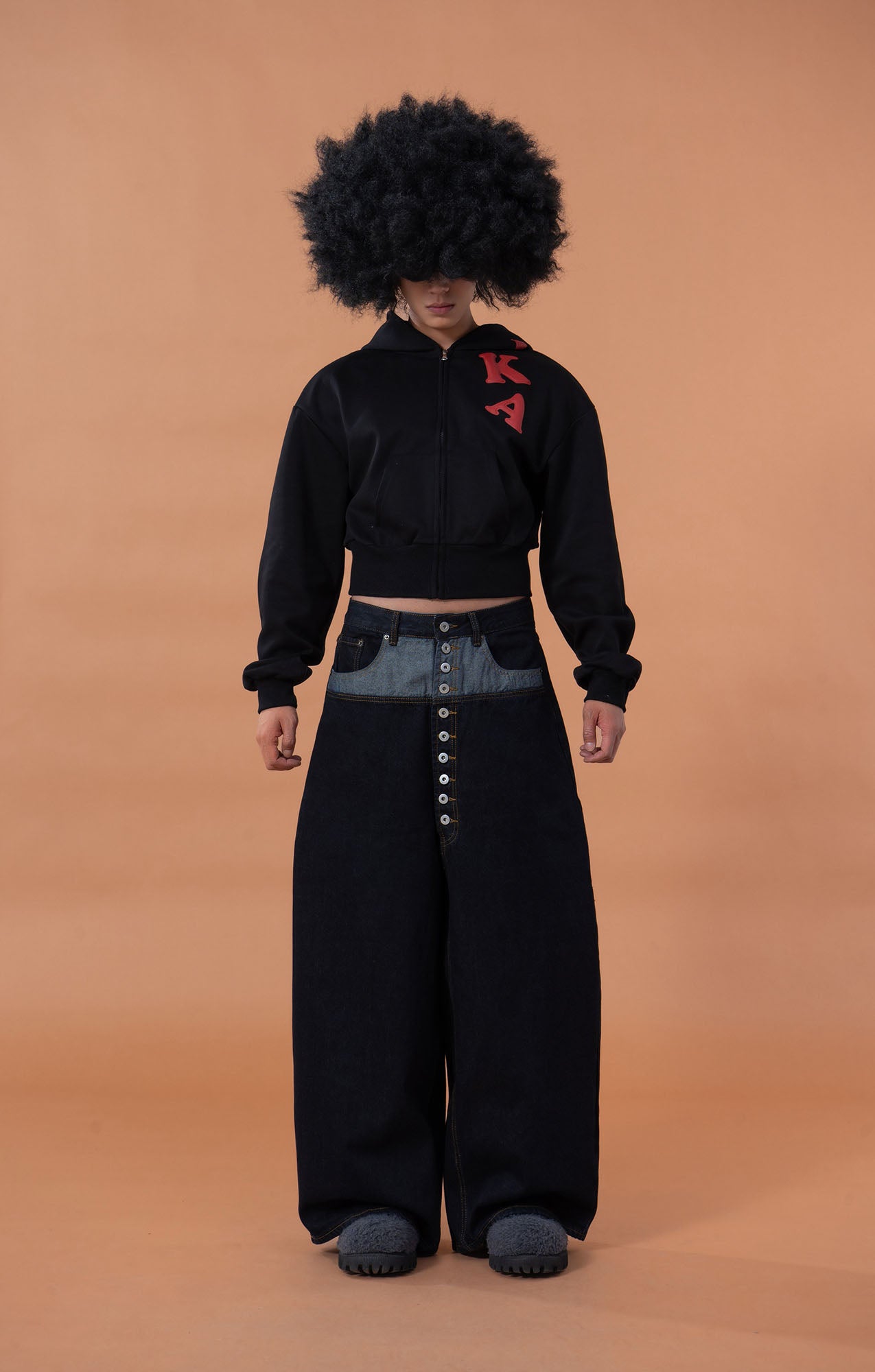 CLP Contrast-Waist Botton-Fly Oversized Raw Jeans, premium urban and streetwear designers apparel on PROJECTISR.com, CLP