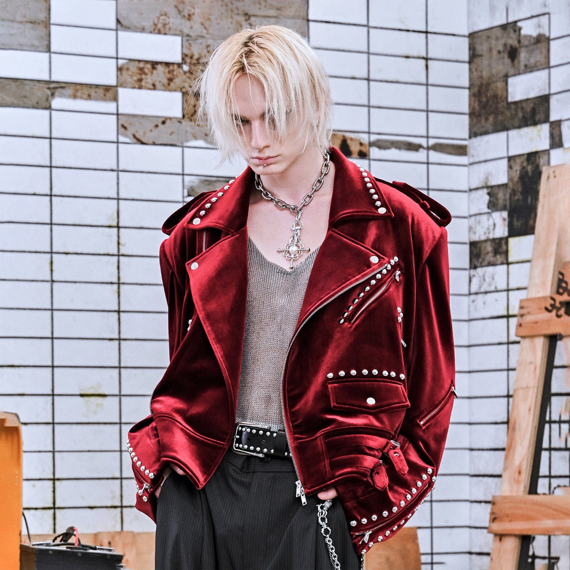 FACEONLAB Red Velvet Rivet Biker Jacket, premium urban and streetwear designers apparel on PROJECTISR.com, FACEONLAB