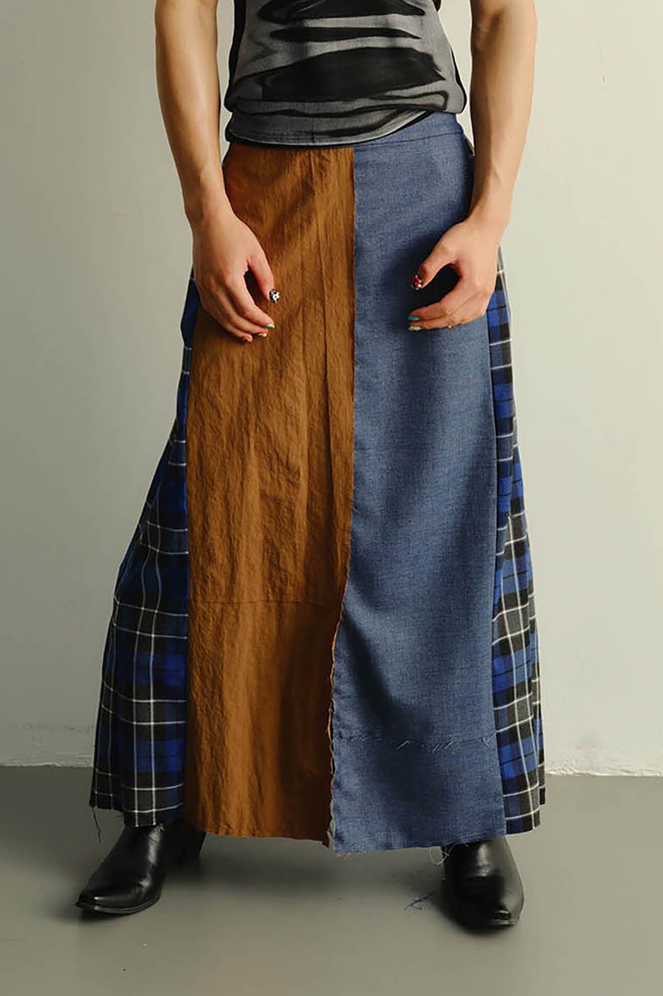 KADAKADA Paneled Reversible Plaid Raw-Edge Maxi Skirt, premium urban and streetwear designers apparel on PROJECTISR.com, KADAKADA