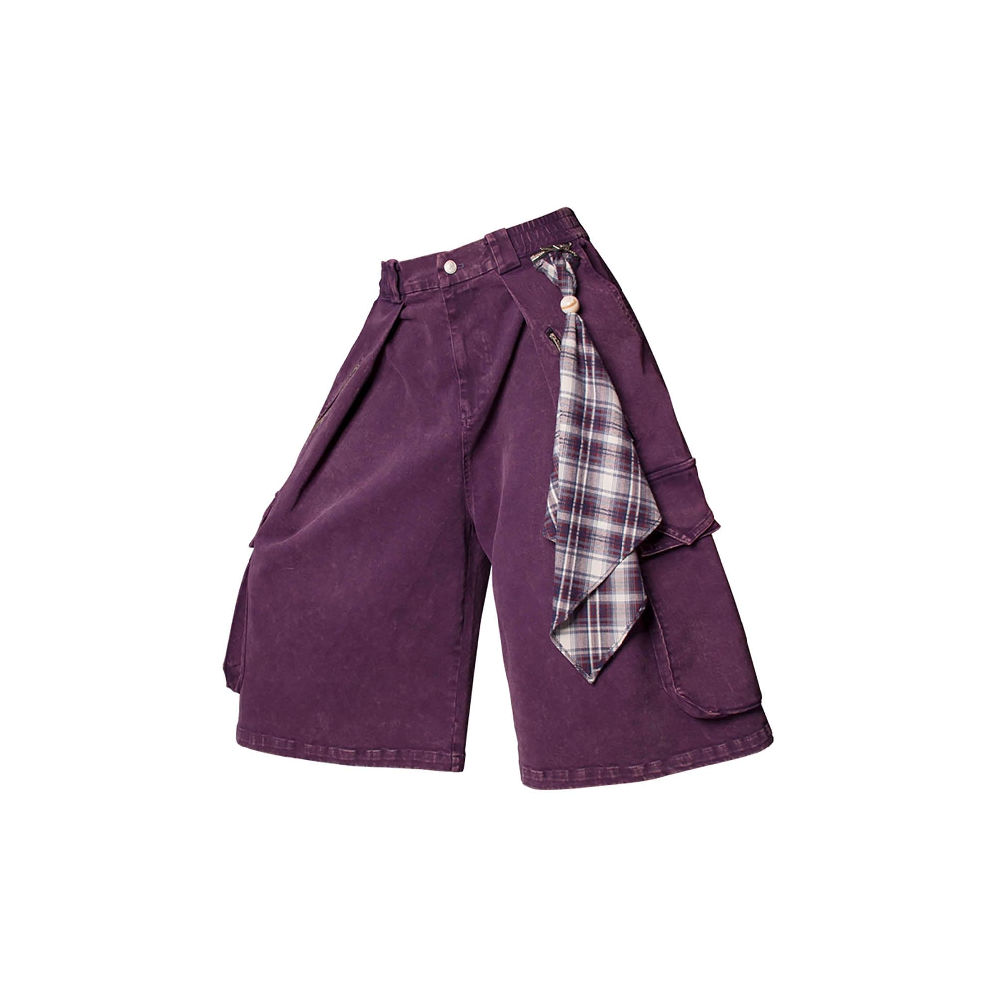 RELABEL Detachable Scarf Washed Multi-Pocket Wide-Leg Shorts Purple, premium urban and streetwear designers apparel on PROJECTISR.com, RELABEL