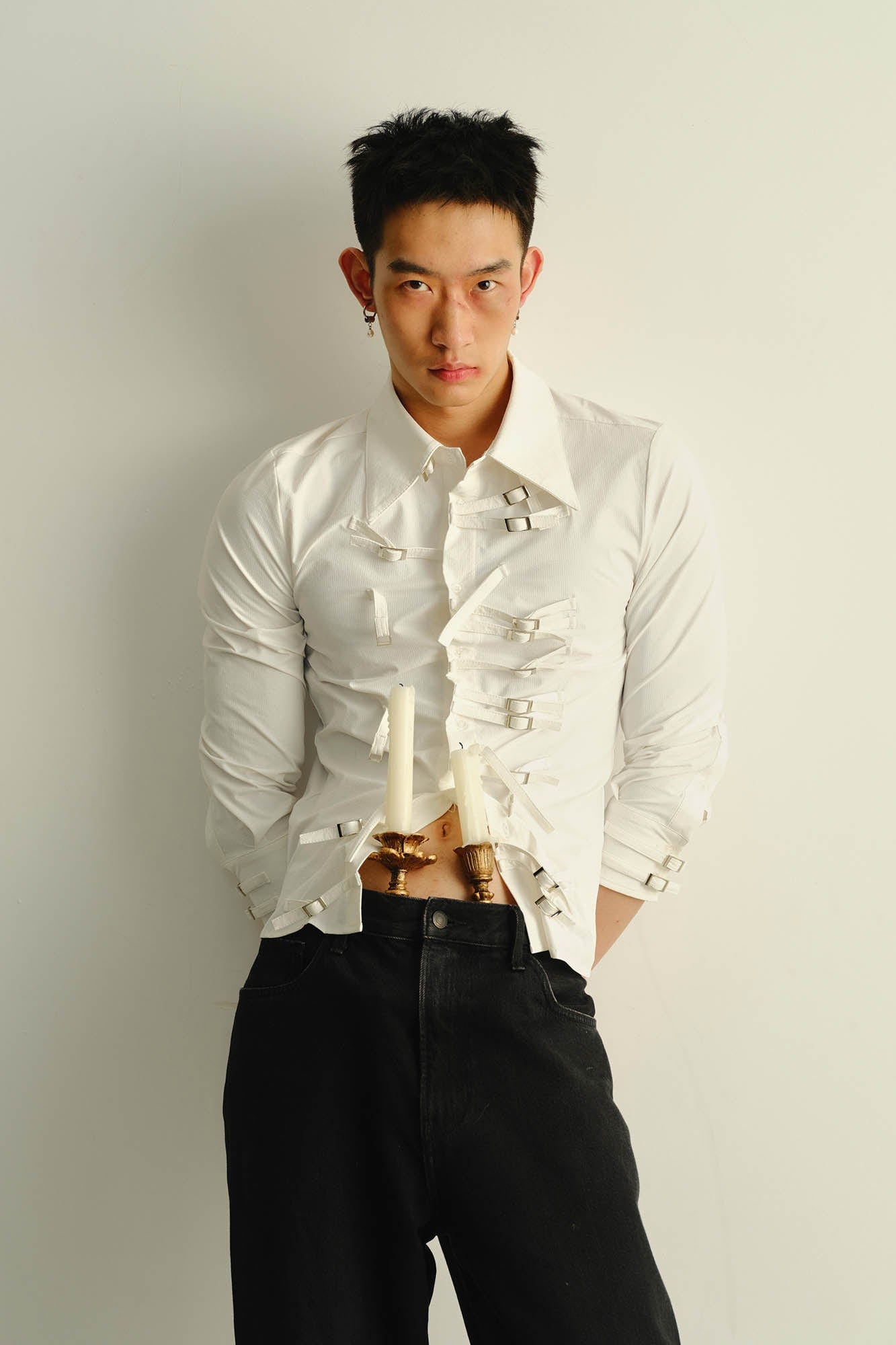 KADAKADA Asymmetrical Multi-Buckle Tailored Fit Shirt, premium urban and streetwear designers apparel on PROJECTISR.com, KADAKADA
