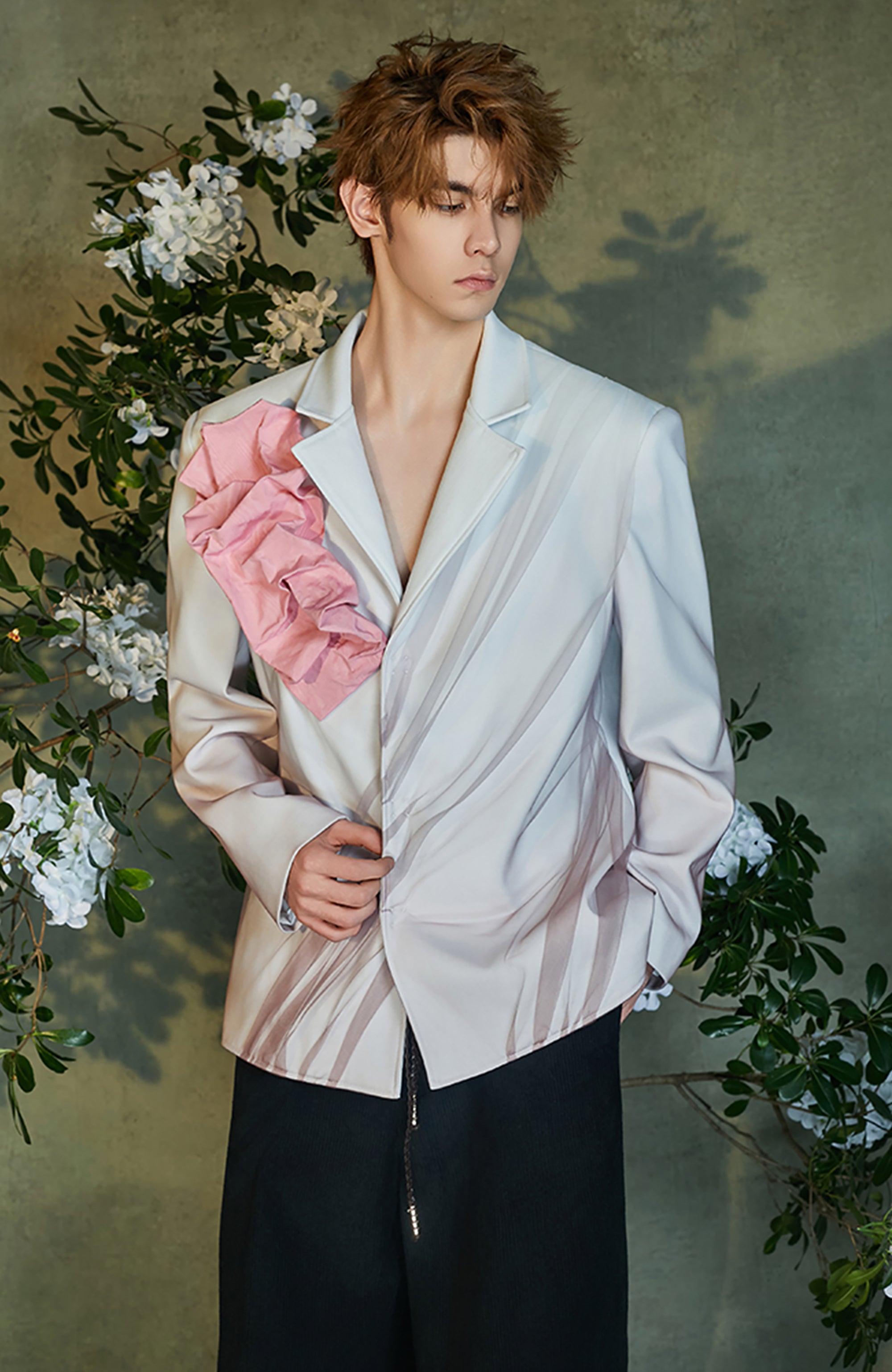 JIECHI Tulle Overlay Ruched Petal Blazer