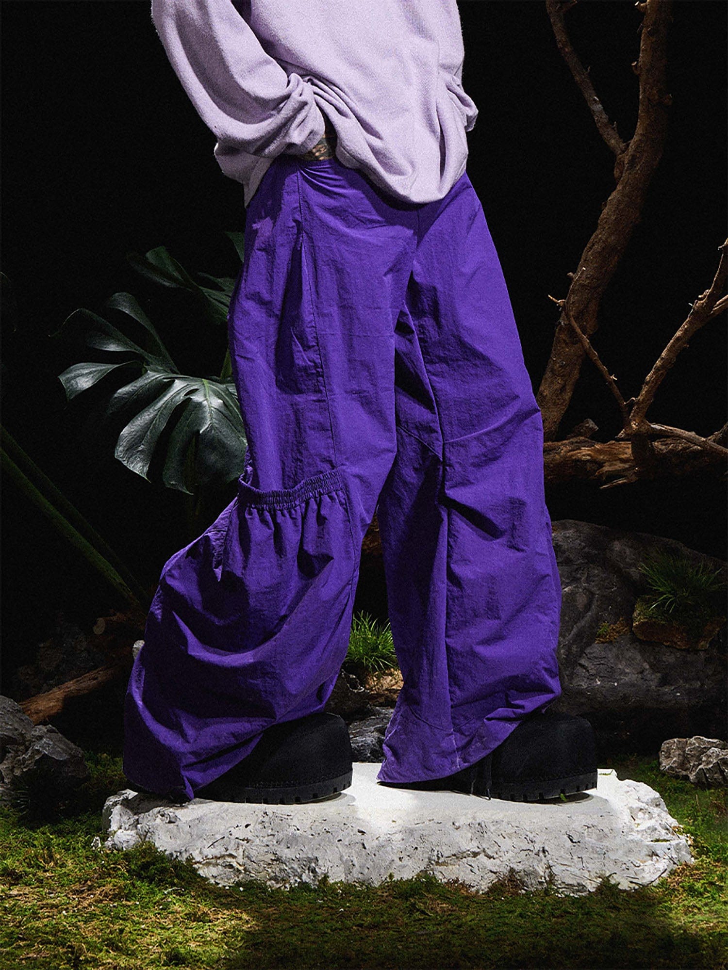 RELABEL Big-Pocket Pleated Oversized Curved Pants Purple, premium urban and streetwear designers apparel on PROJECTISR.com, RELABEL