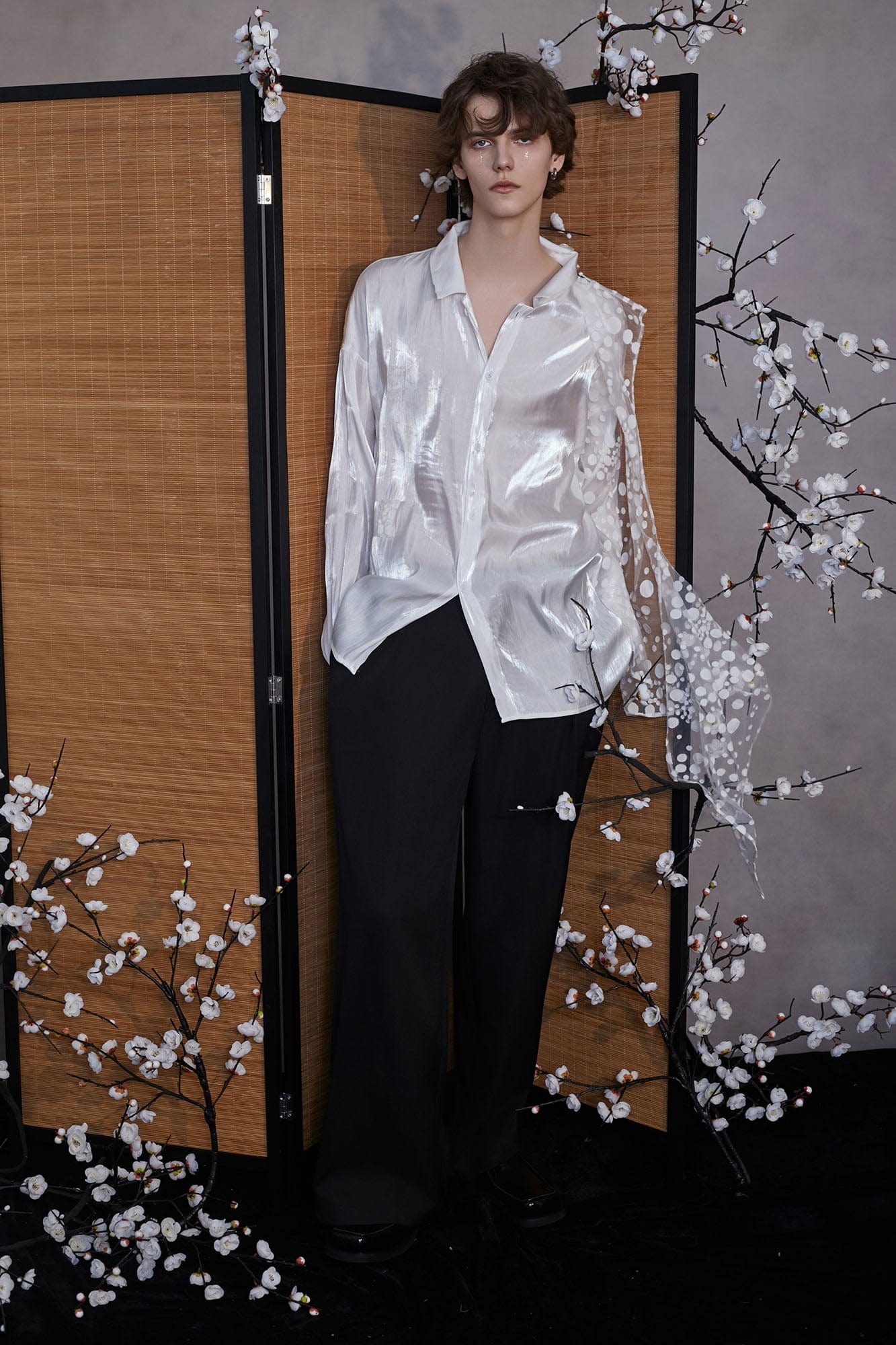 JIECHI Dots Tulle Drape Iridescent Shirt, premium urban and streetwear designers apparel on PROJECTISR.com, JIECHI