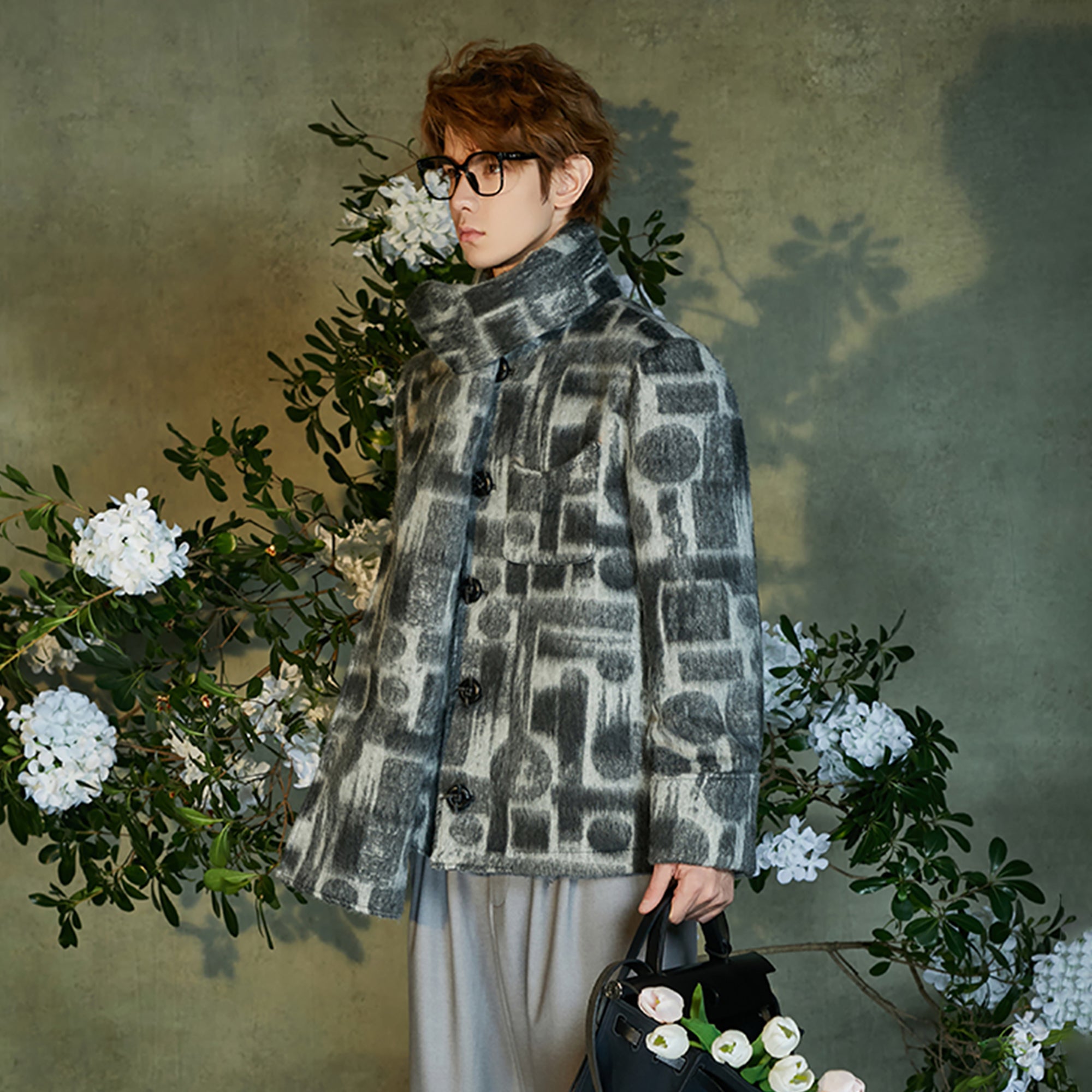 JIECHI Detachable Drape Geometry Full-Print Wool-Blend Jacket