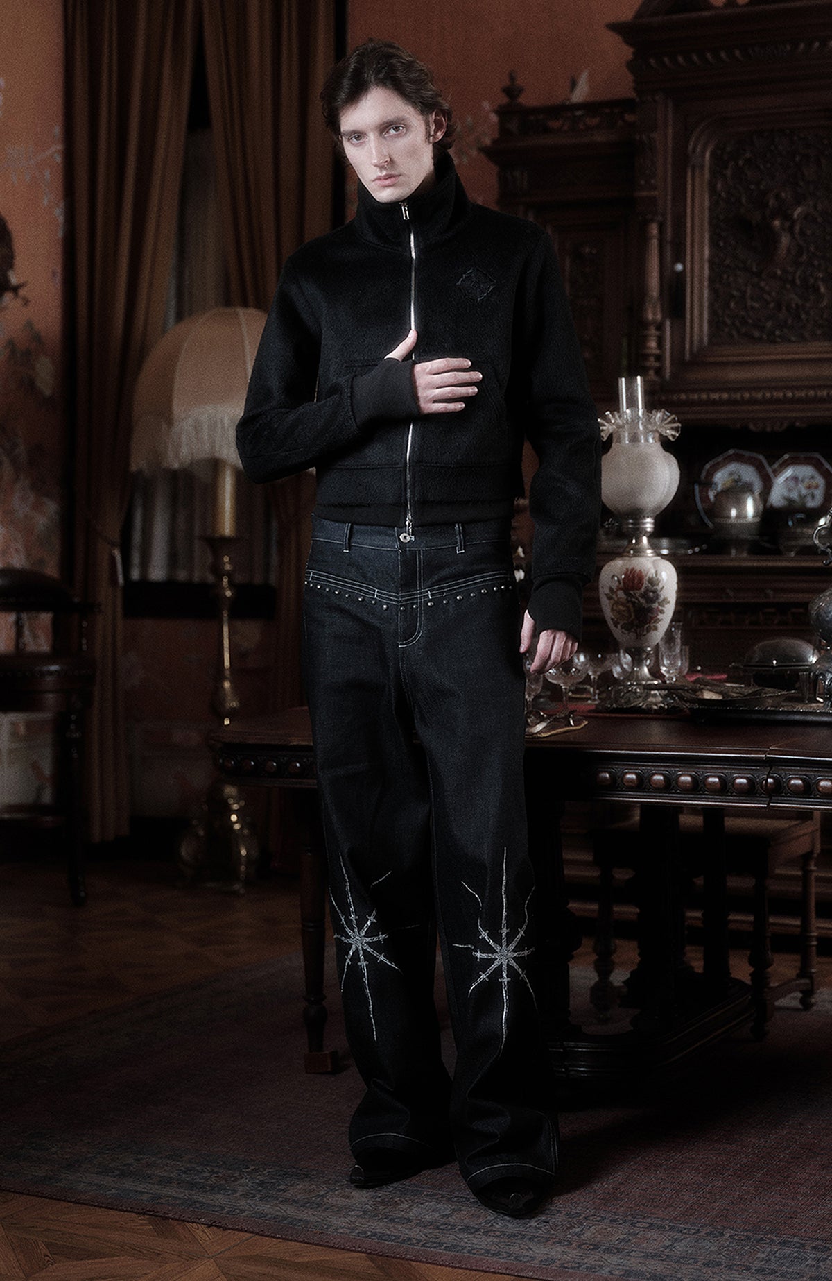 WANNA LAB Embroidered Zip-Up Wool Biker Jacket