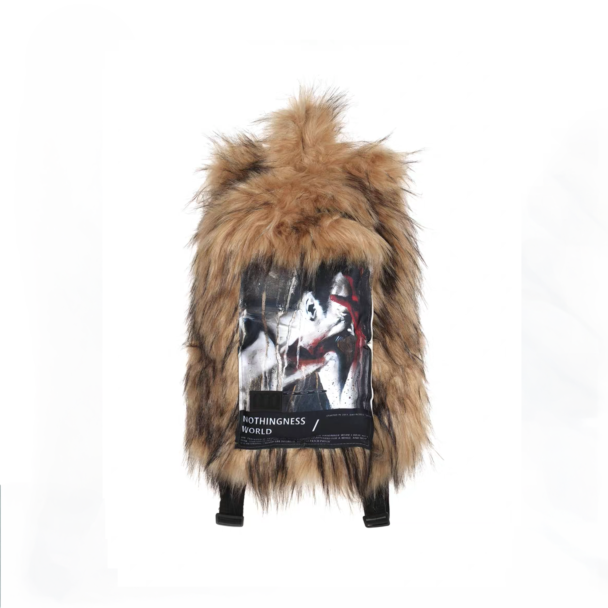 NOTHINGNESS WORLD Shaggy Faux Fur Graphic-Patch Backpack, premium urban and streetwear designers apparel on PROJECTISR.com, NOTHINGNESS WORLD