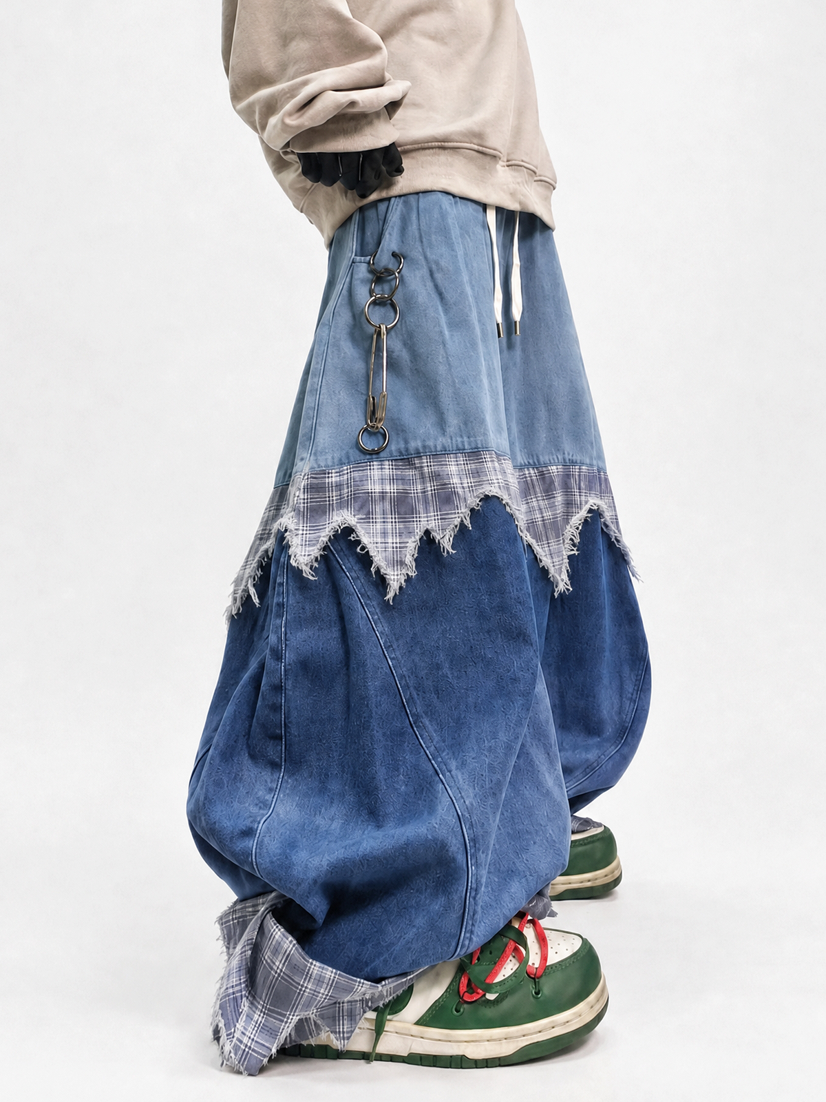 UUCSCC Spliced Distressed Plaid Wide-Leg Jeans