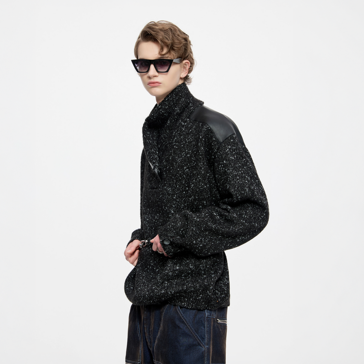 TIWILLTANG Spliced Faux Leather Dot-Yarn Fold Collar Sweater
