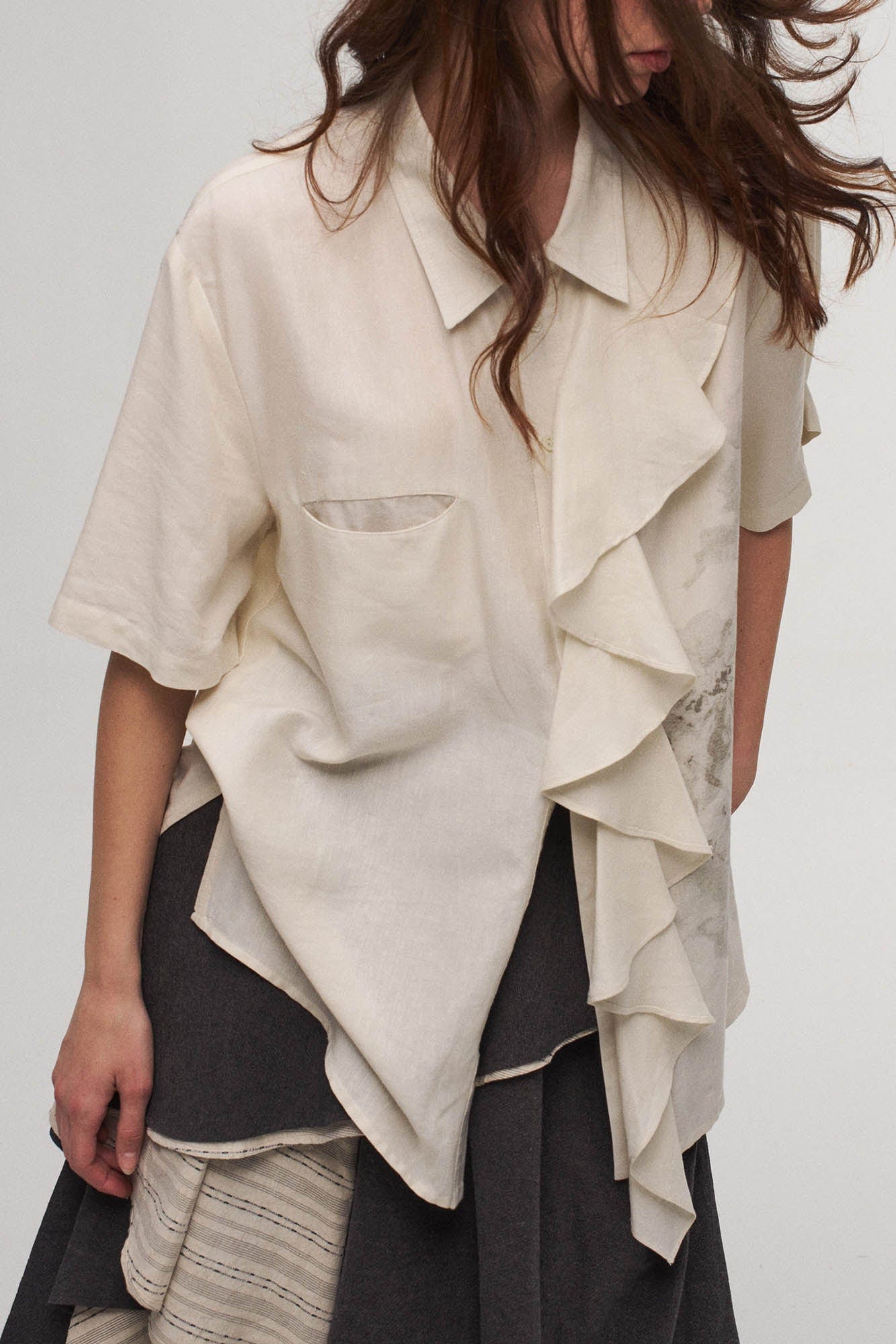 ILNya Nieternite Nifutur Asymmetrical Ruffle Iris Half Shirt, premium urban and streetwear designers apparel on PROJECTISR.com, ILNya Nieternite Nifutur