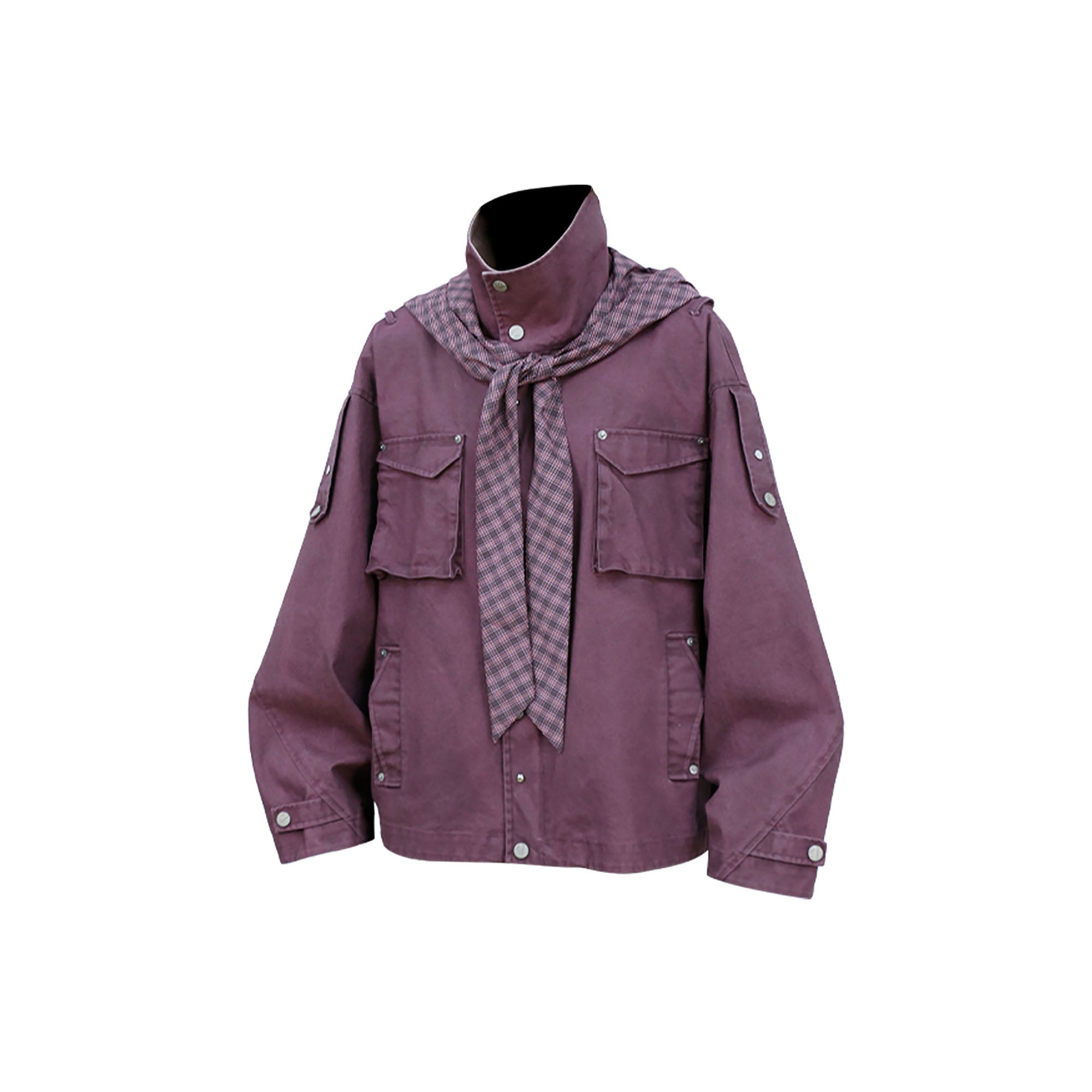 RELABEL Distressed Plaid Hood Oversized Jacket Purple, premium urban and streetwear designers apparel on PROJECTISR.com, RELABEL
