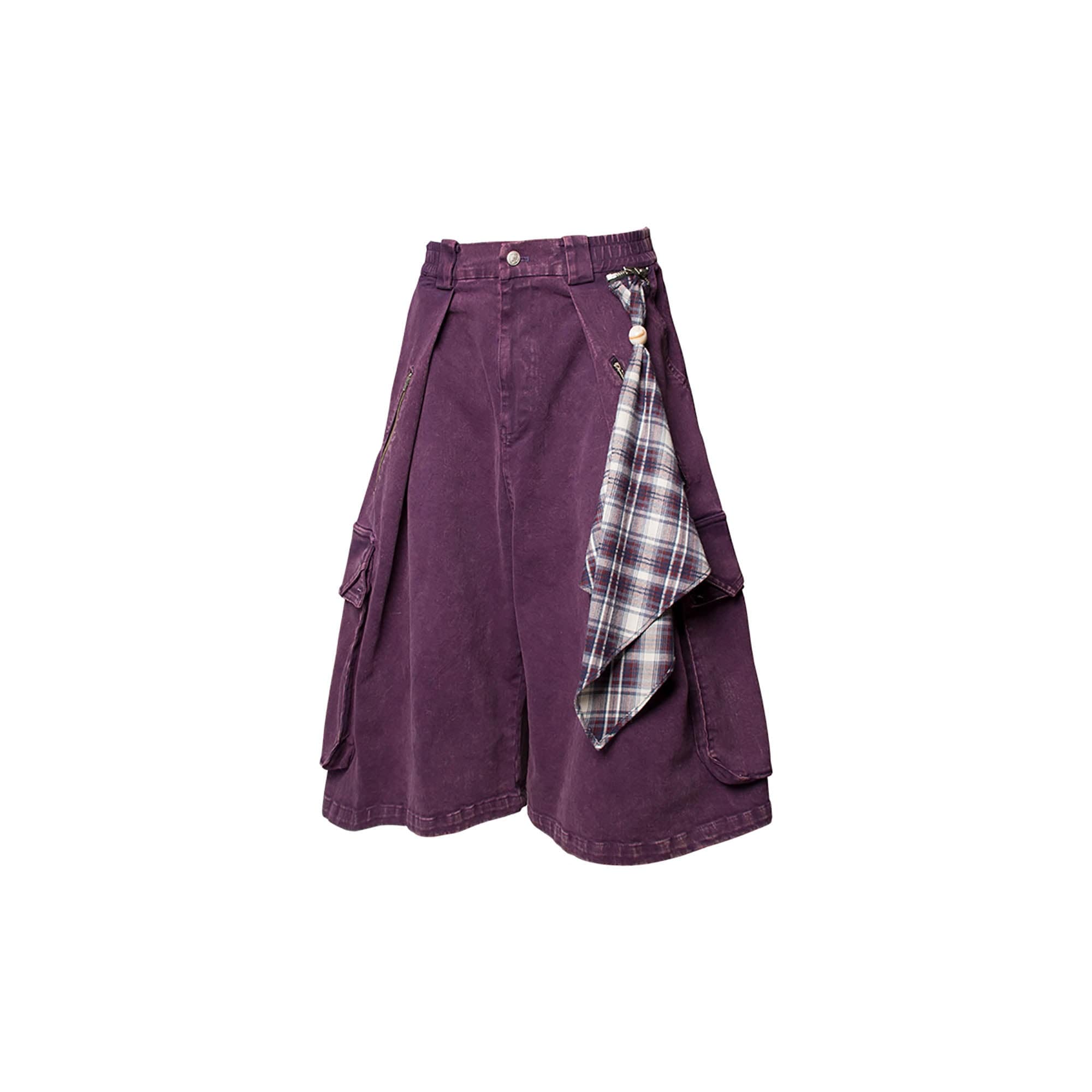 RELABEL Detachable Scarf Washed Multi-Pocket Wide-Leg Shorts Purple, premium urban and streetwear designers apparel on PROJECTISR.com, RELABEL