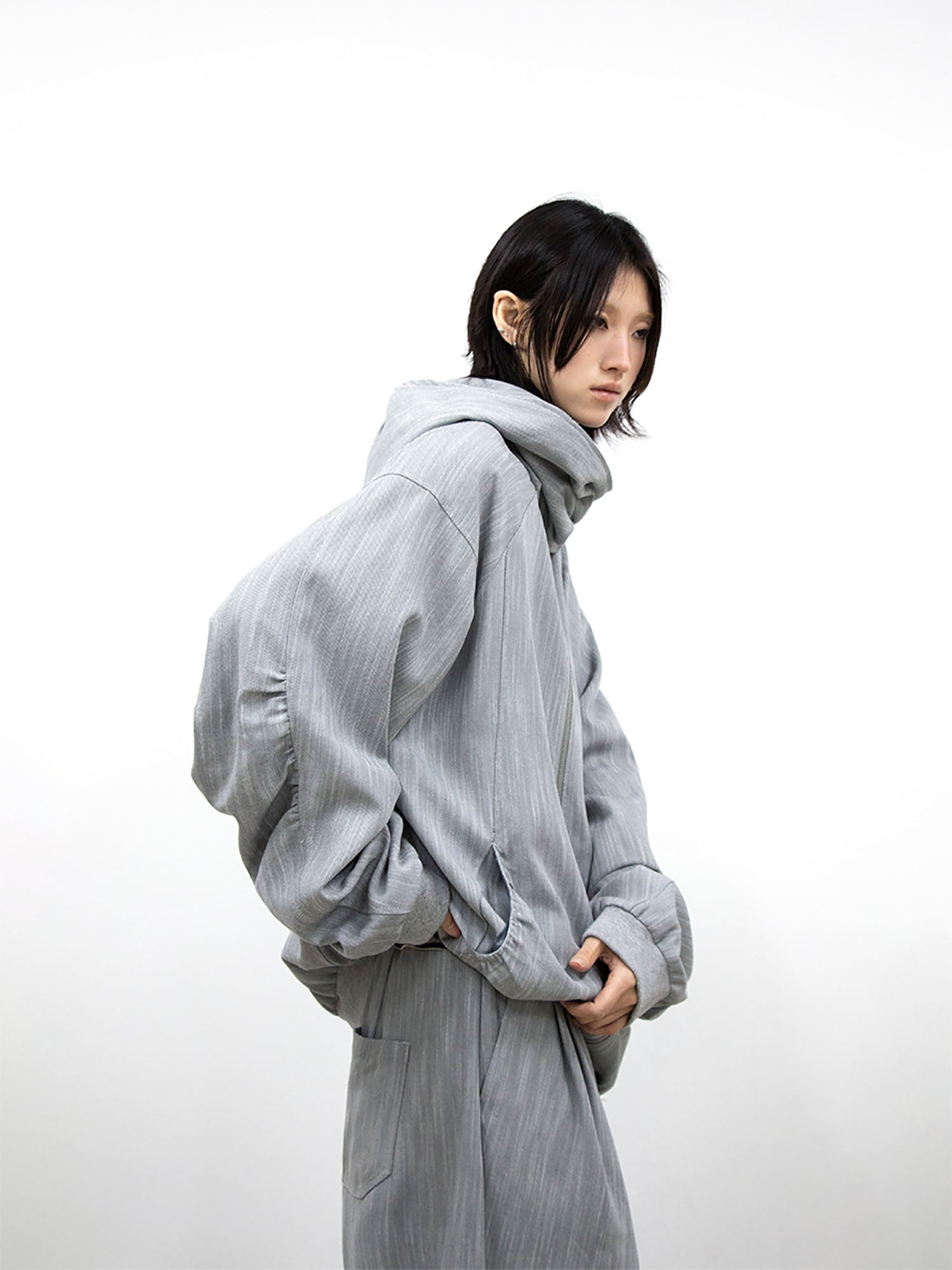 RELABEL Detachable Hood Crinkled Oversized Jacket Gray