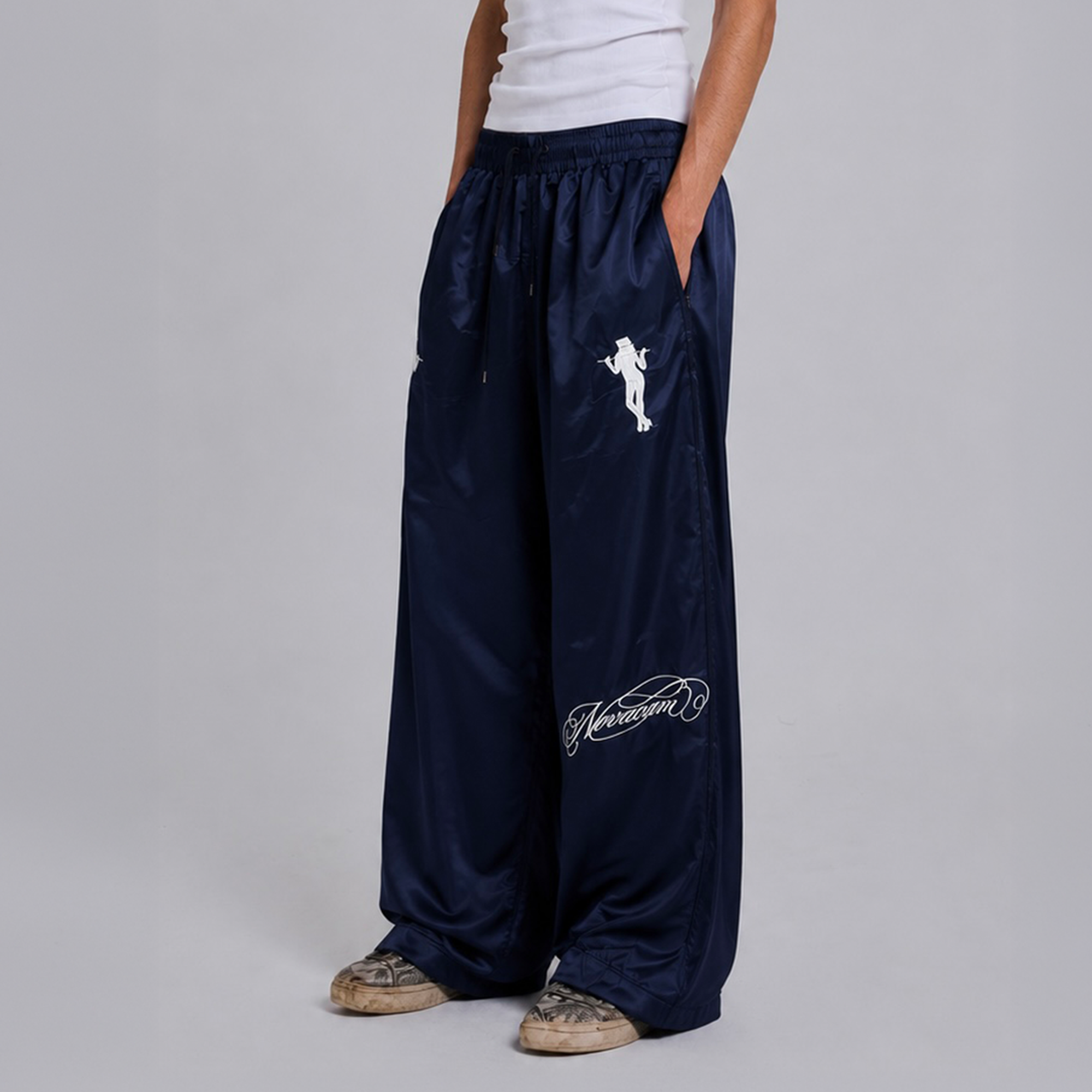 NOVACAM Satin Draped Embroidered Graphic Pants