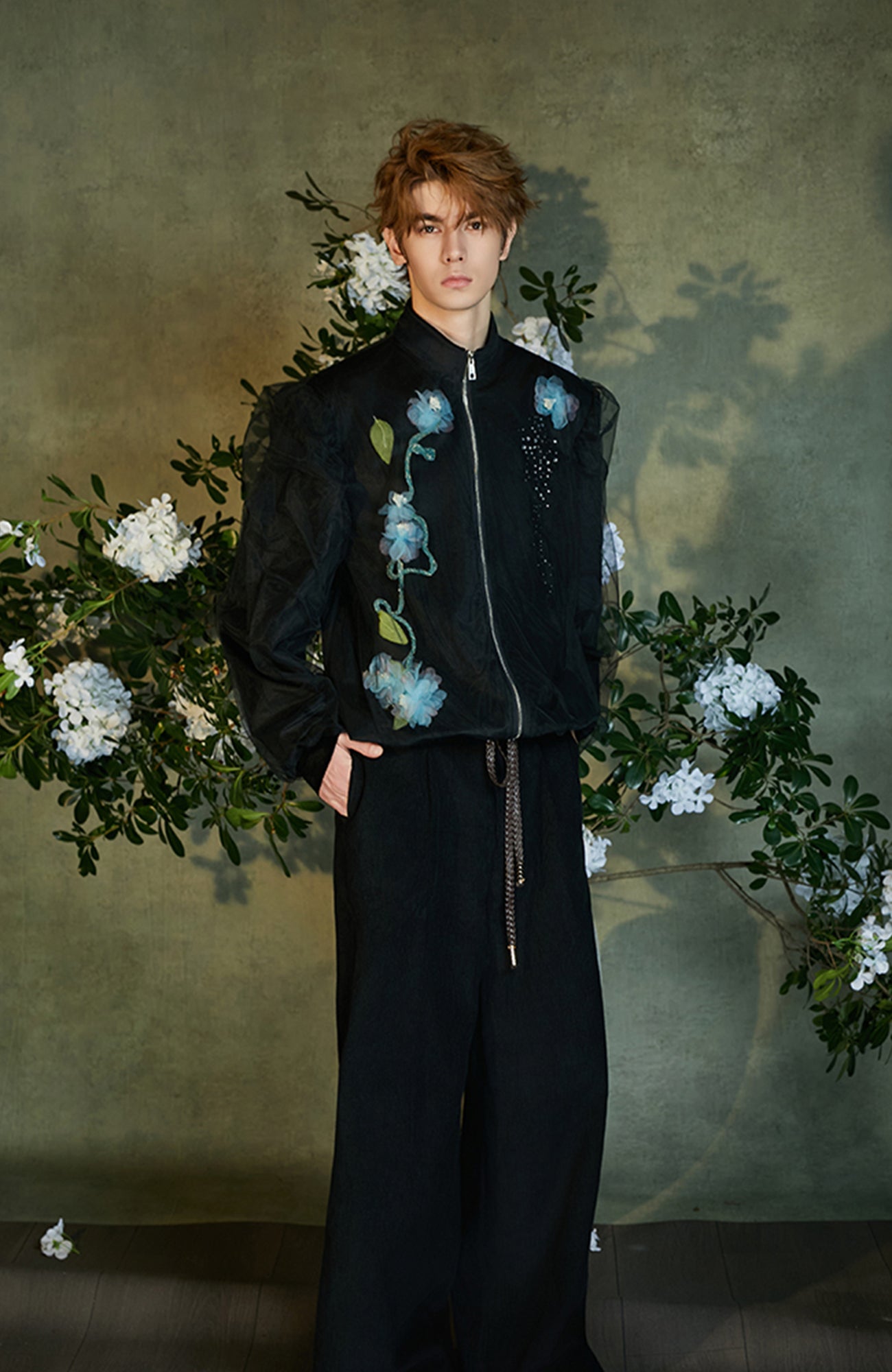JIECHI Floral Embellished Velvet Sheer Layer Jacket