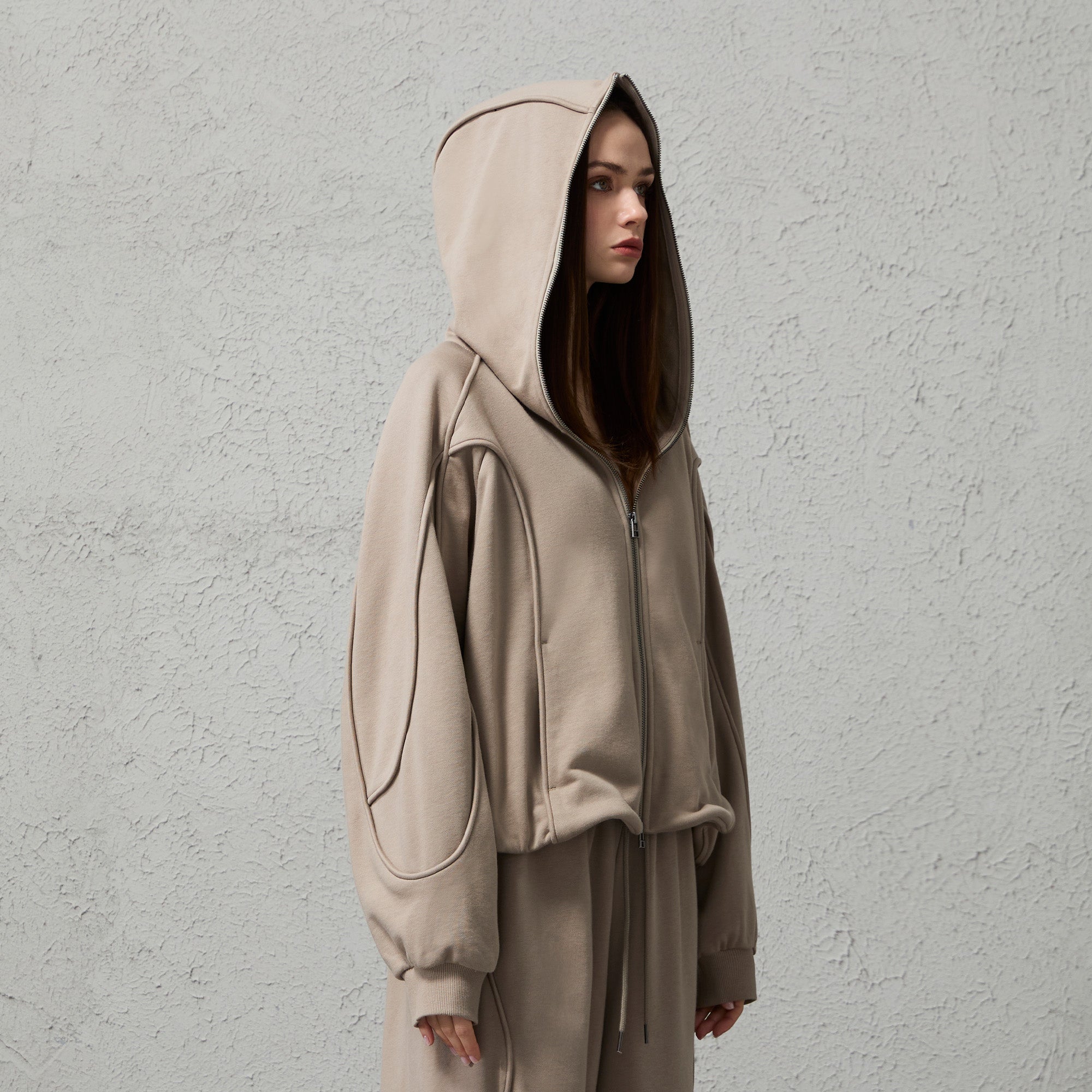 ORGANIC EMOTION Curved Panel Drawstring-Hem Zip-Up Hoodie, premium urban and streetwear designers apparel on PROJECTISR.com, ORGANIC EMOTION