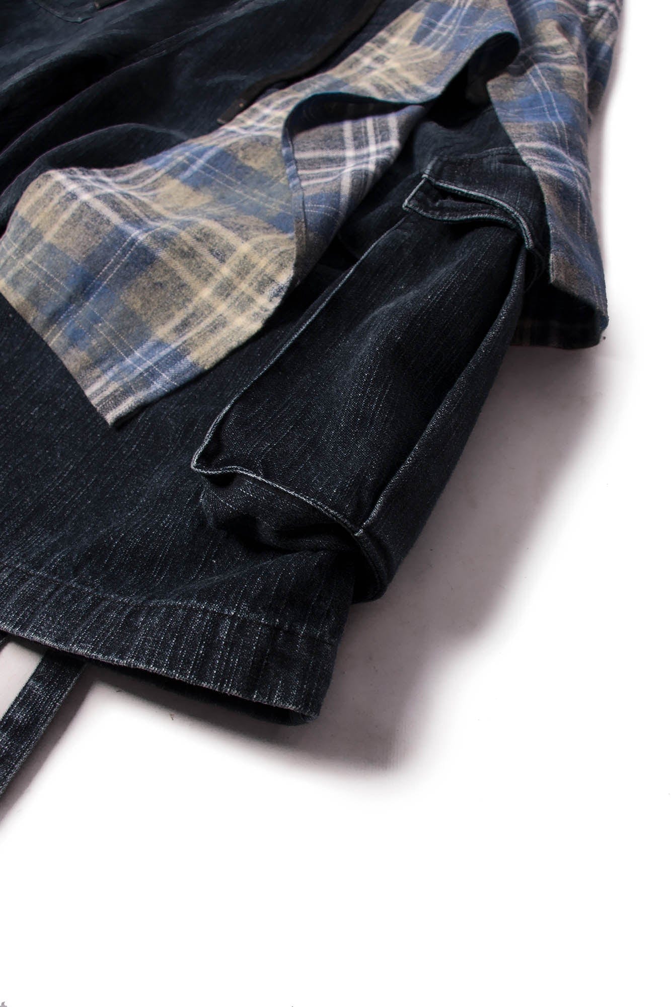 RELABEL Detachable Plaid Drape Denim Shorts, premium urban and streetwear designers apparel on PROJECTISR.com, RELABEL
