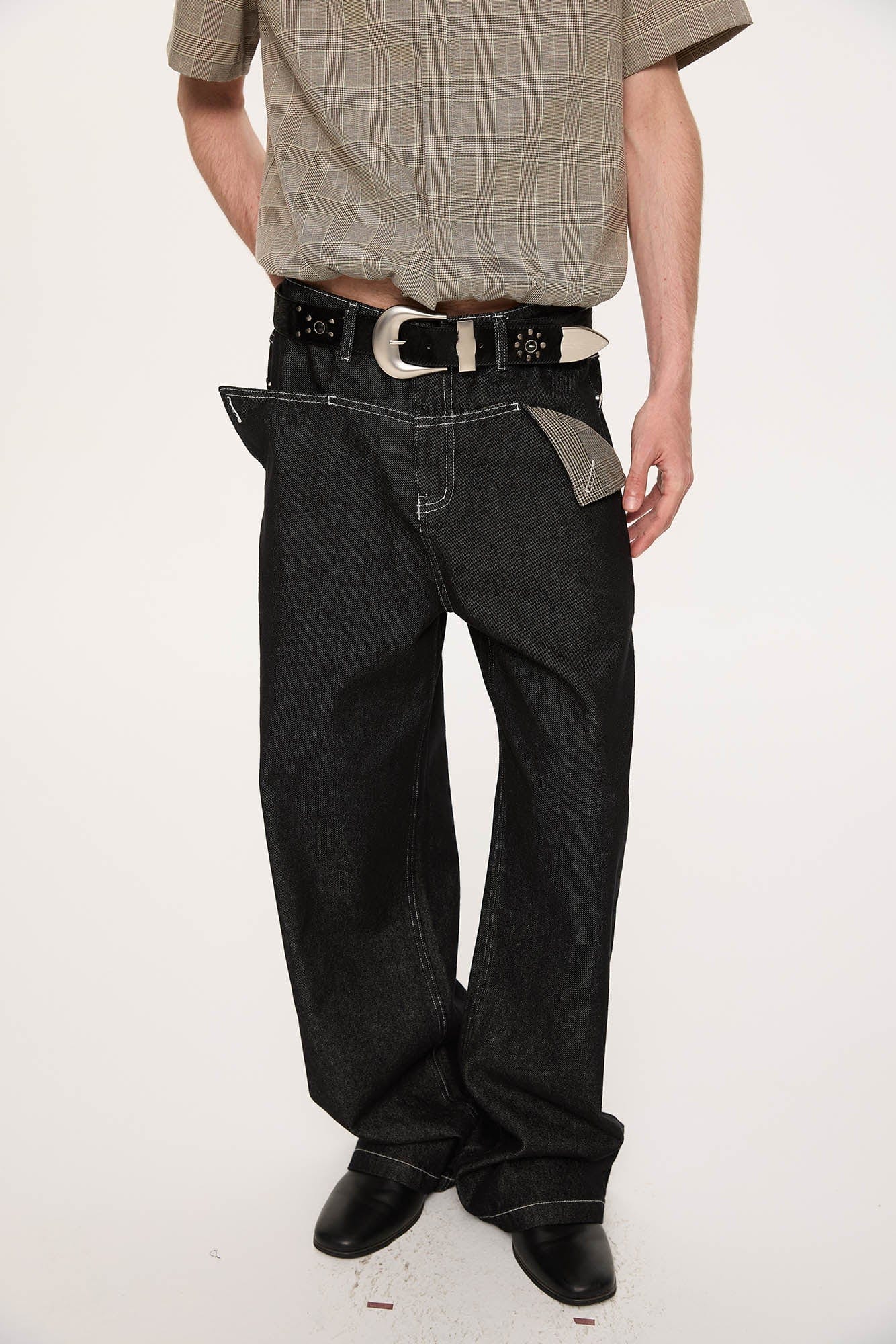 KREATE Panel Flap Plaid Pocket Jeans, premium urban and streetwear designers apparel on PROJECTISR.com, KREATE