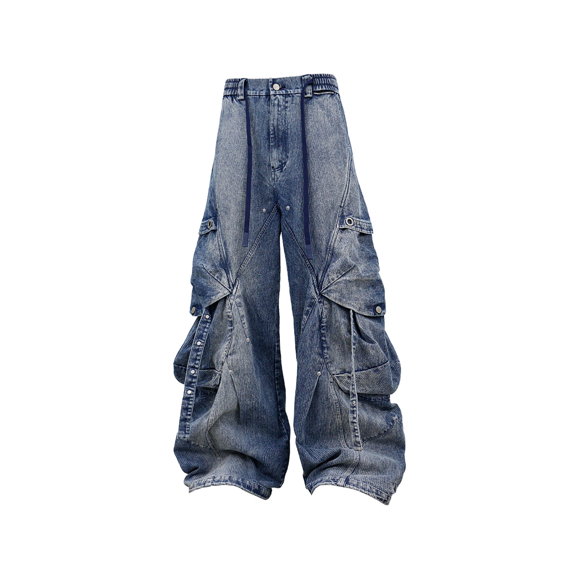 RELABEL Washed Paneled Strap Oversized Cargo Jeans Blue, premium urban and streetwear designers apparel on PROJECTISR.com, RELABEL