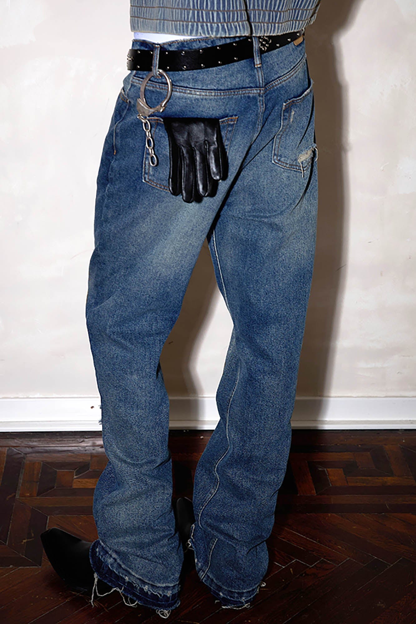 RICHILL Rust-Stained Distressed Flared Jeans, premium urban and streetwear designers apparel on PROJECTISR.com, RICHILL