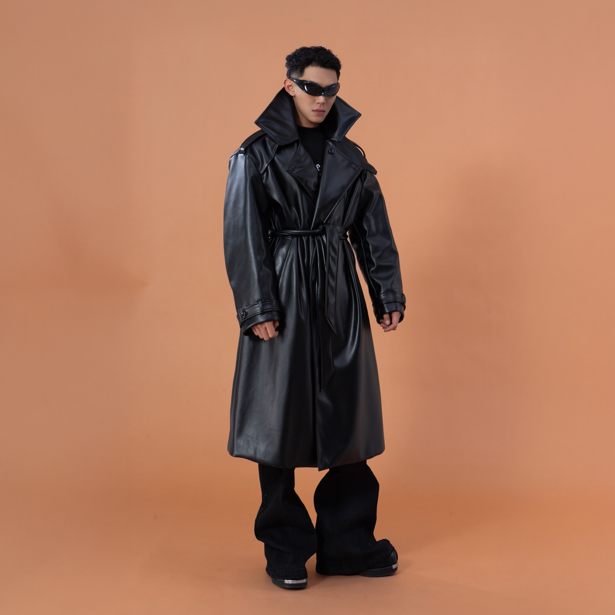 CLP Glossy Faux Leather Belted Trench Coat