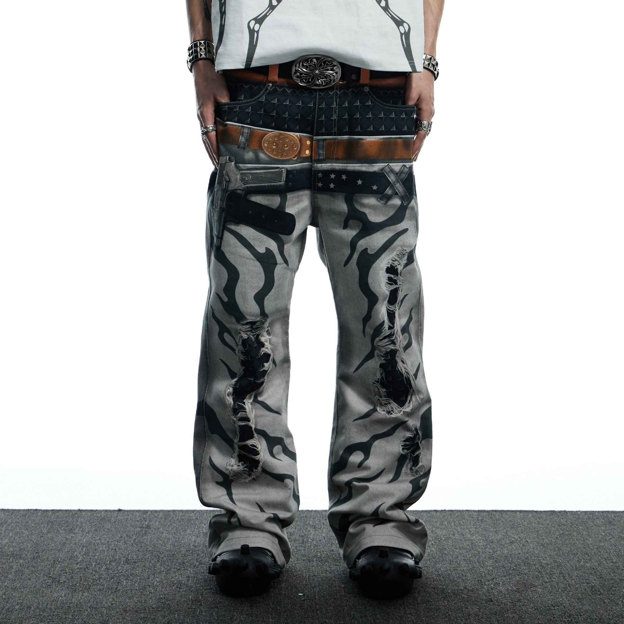 DND4DES Distressed Print Double-Waist Flare Jeans White, premium urban and streetwear designers apparel on PROJECTISR.com, DND4DES