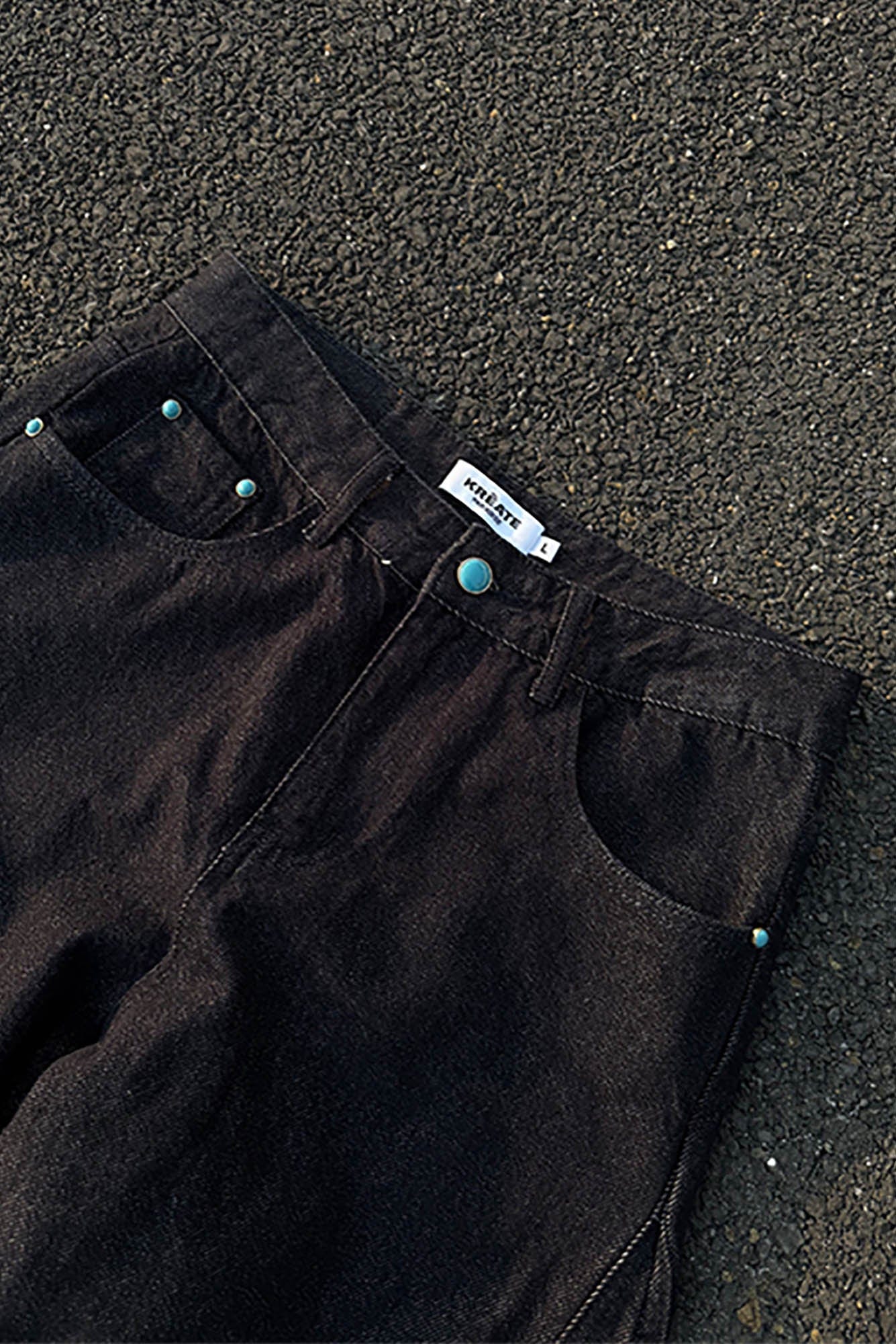 KREATE Reversed Panel Turquoise Rivet Jeans, premium urban and streetwear designers apparel on PROJECTISR.com, KREATE