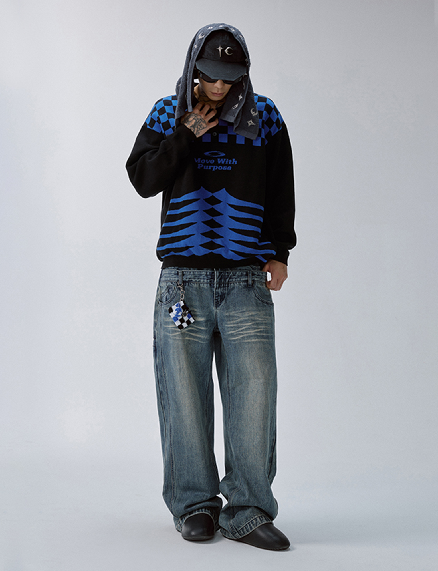 F2CE Slogan Contrast Checkerboard Jacquard Knit Polo