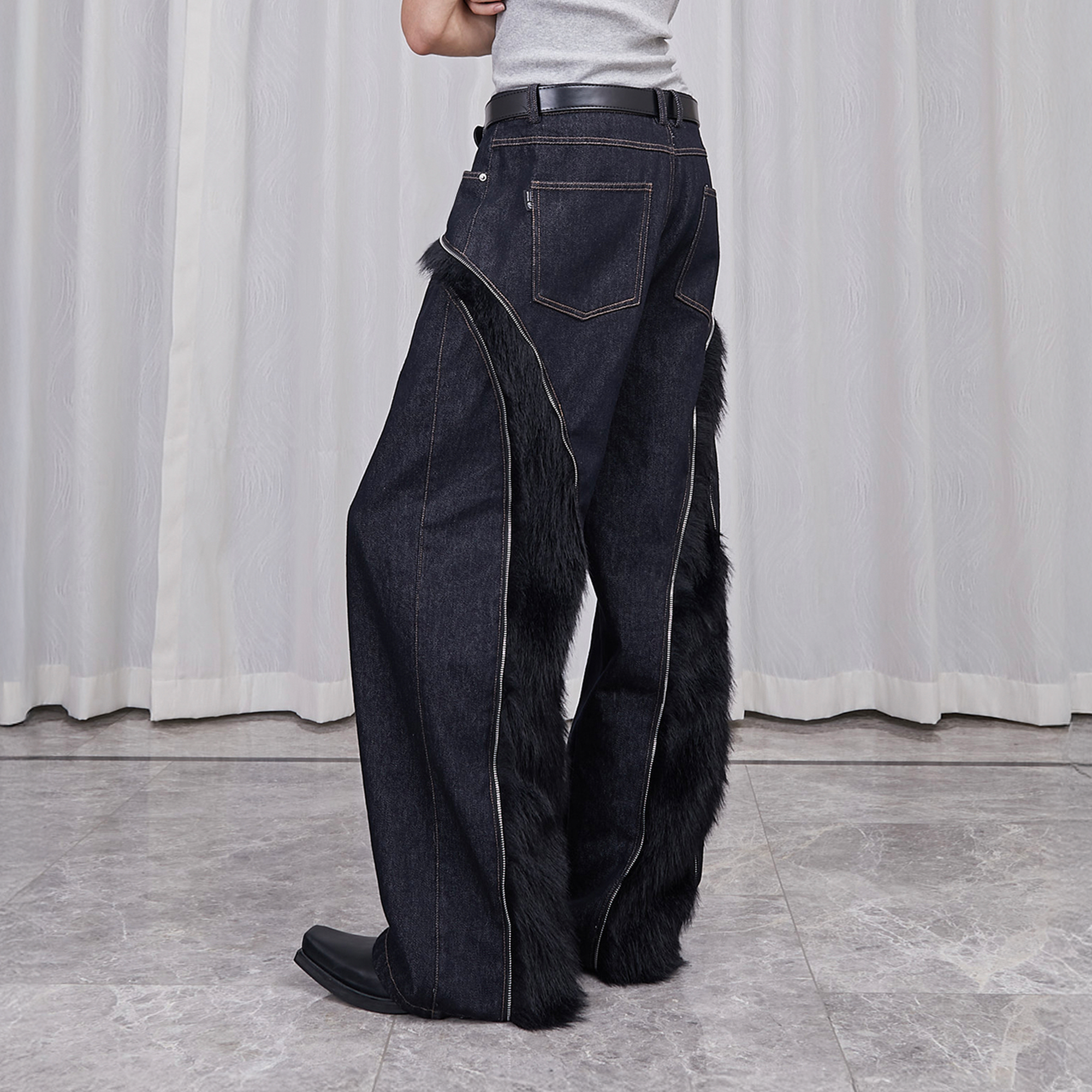 ASSEEN Faux Fur-Spliced Raw Denim Pants
