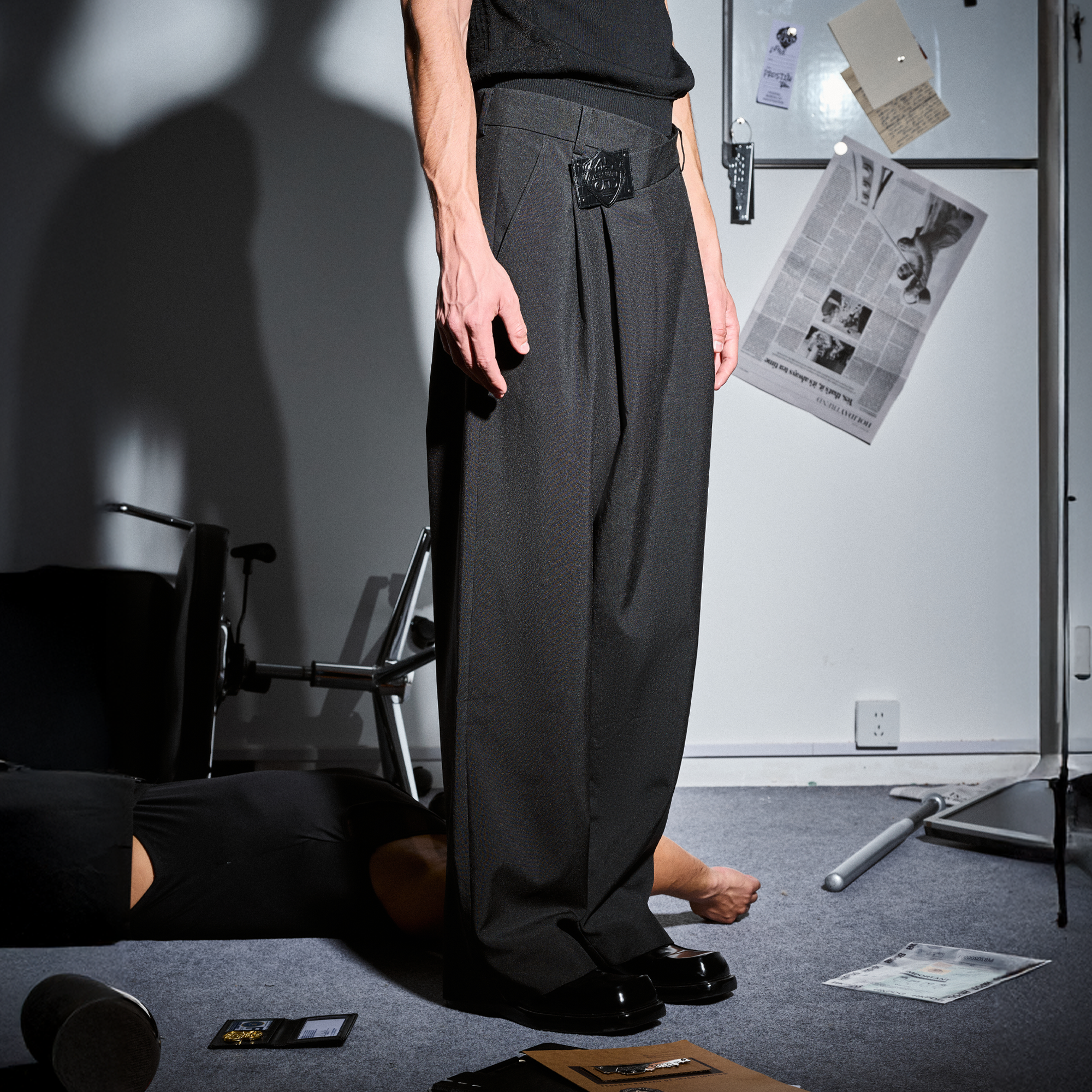 455EMBLE Asymmetric Waist Patch Wide-Leg Trousers